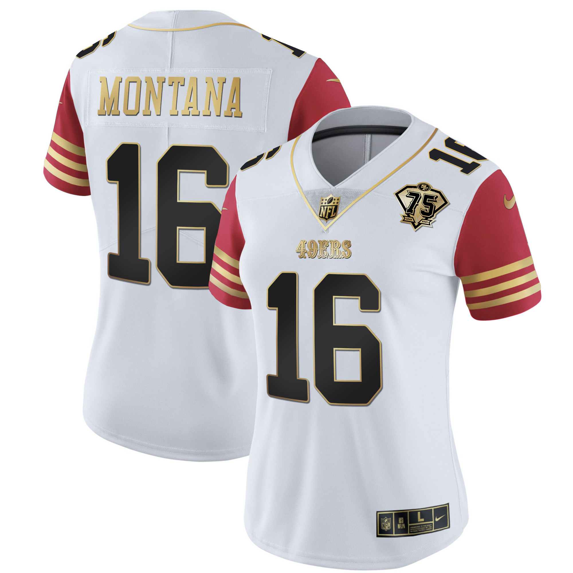 Women's Joe Montana San Francisco 49ers 2023 Vapor Gold Limited Scarlet Sleeves Jersey - All Stitched