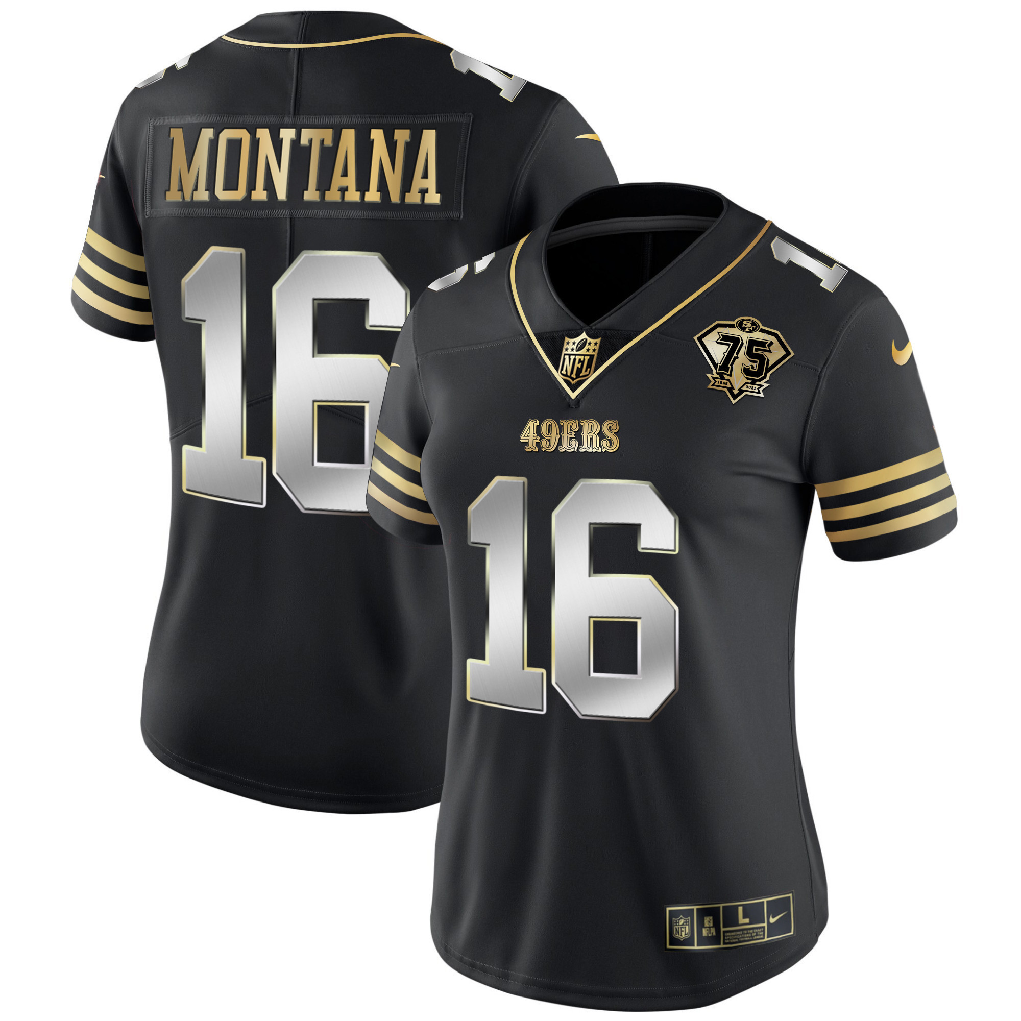 Women's Joe Montana San Francisco 49ers 75th Anniversary Patch Vapor Gold Black Limited Jersey - All Stitched