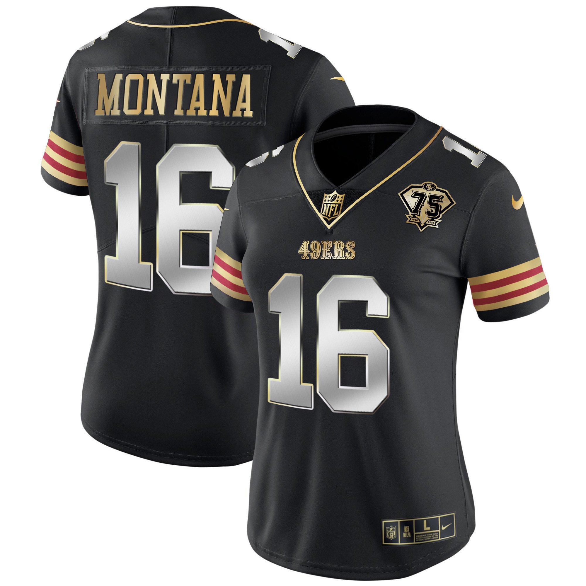 Women's Joe Montana San Francisco 49ers 75th Anniversary Patch Vapor Gold Black Limited Jersey V2 - All Stitched