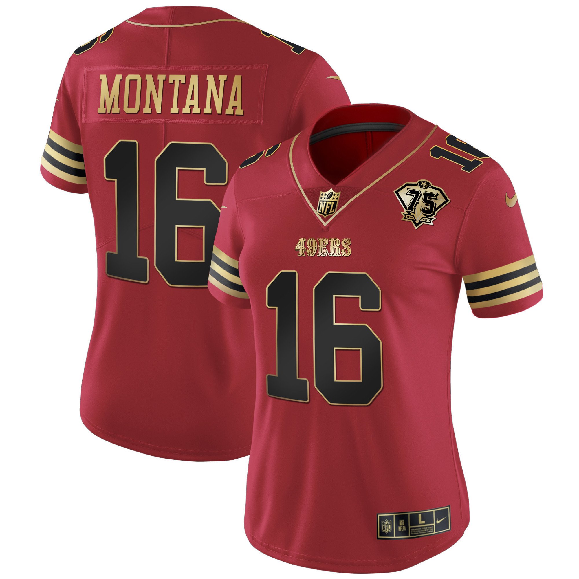 Women's Joe Montana San Francisco 49ers 75th Anniversary Patch Vapor Gold Black Red Jersey V2 - All Stitched