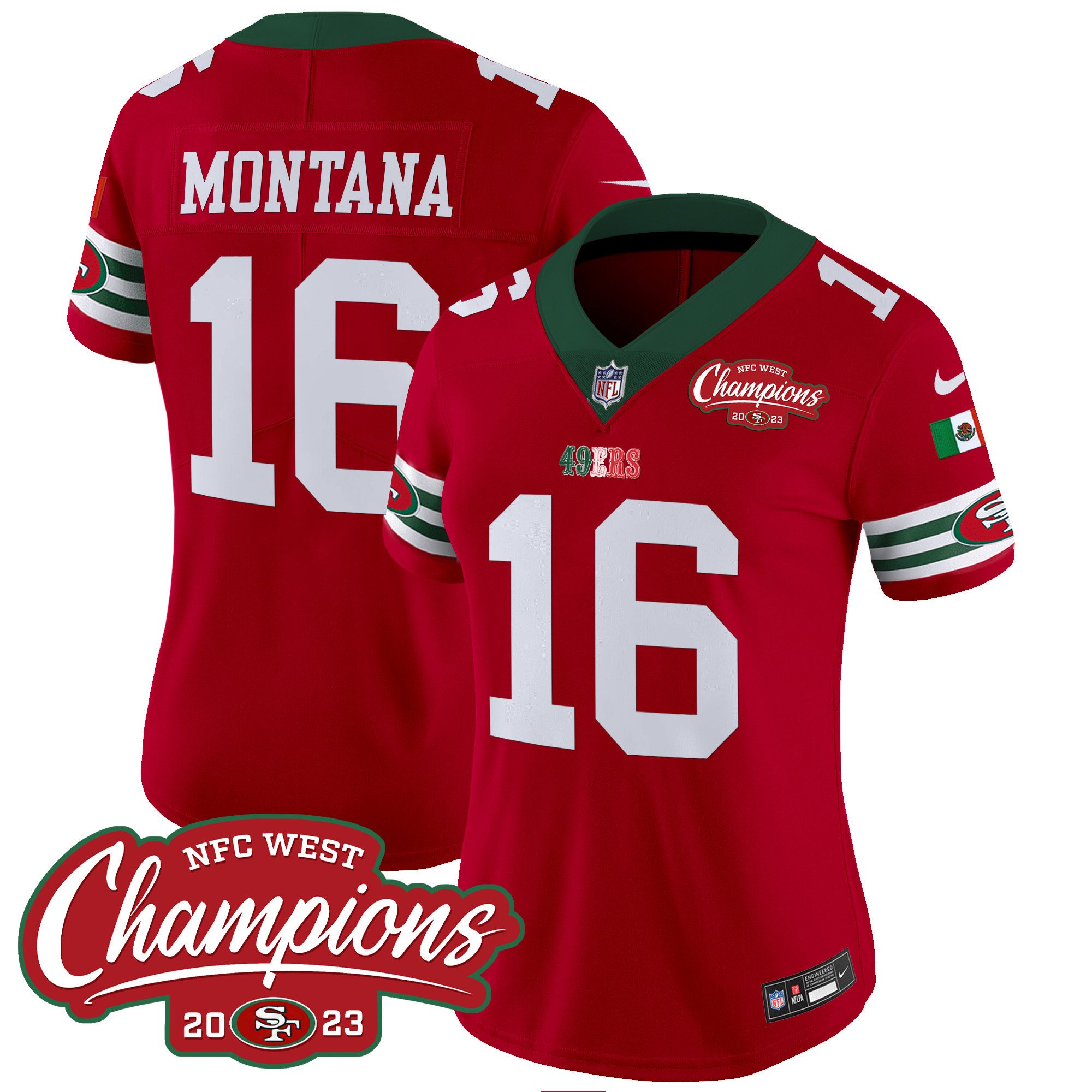 Women's Joe Montana San Francisco 49ers Mexico 2023 NFC West Champions Patch Vapor Red Jersey - All Stitched