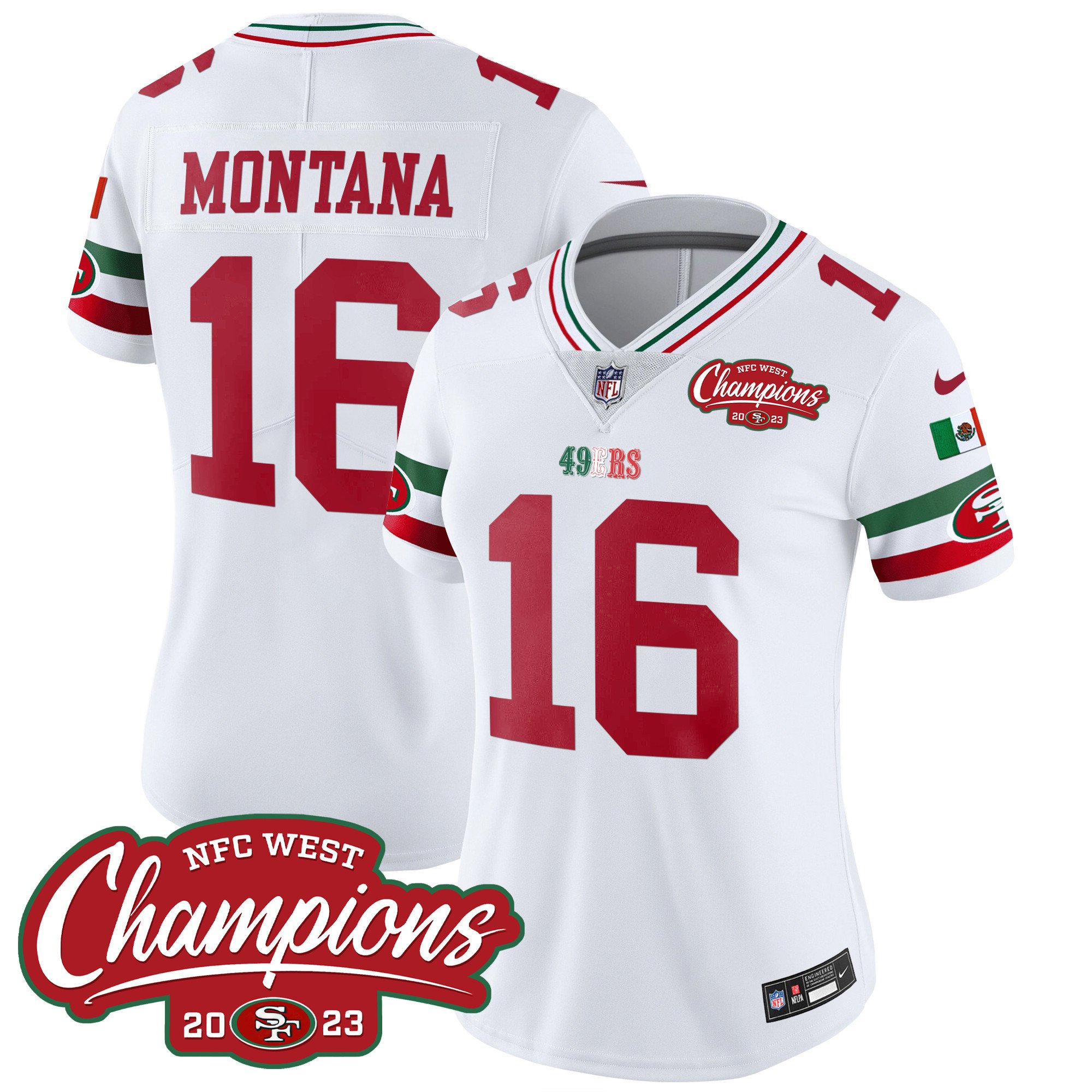 Women's Joe Montana San Francisco 49ers Mexico 2023 NFC West Champions Patch Vapor White Jersey - All Stitched