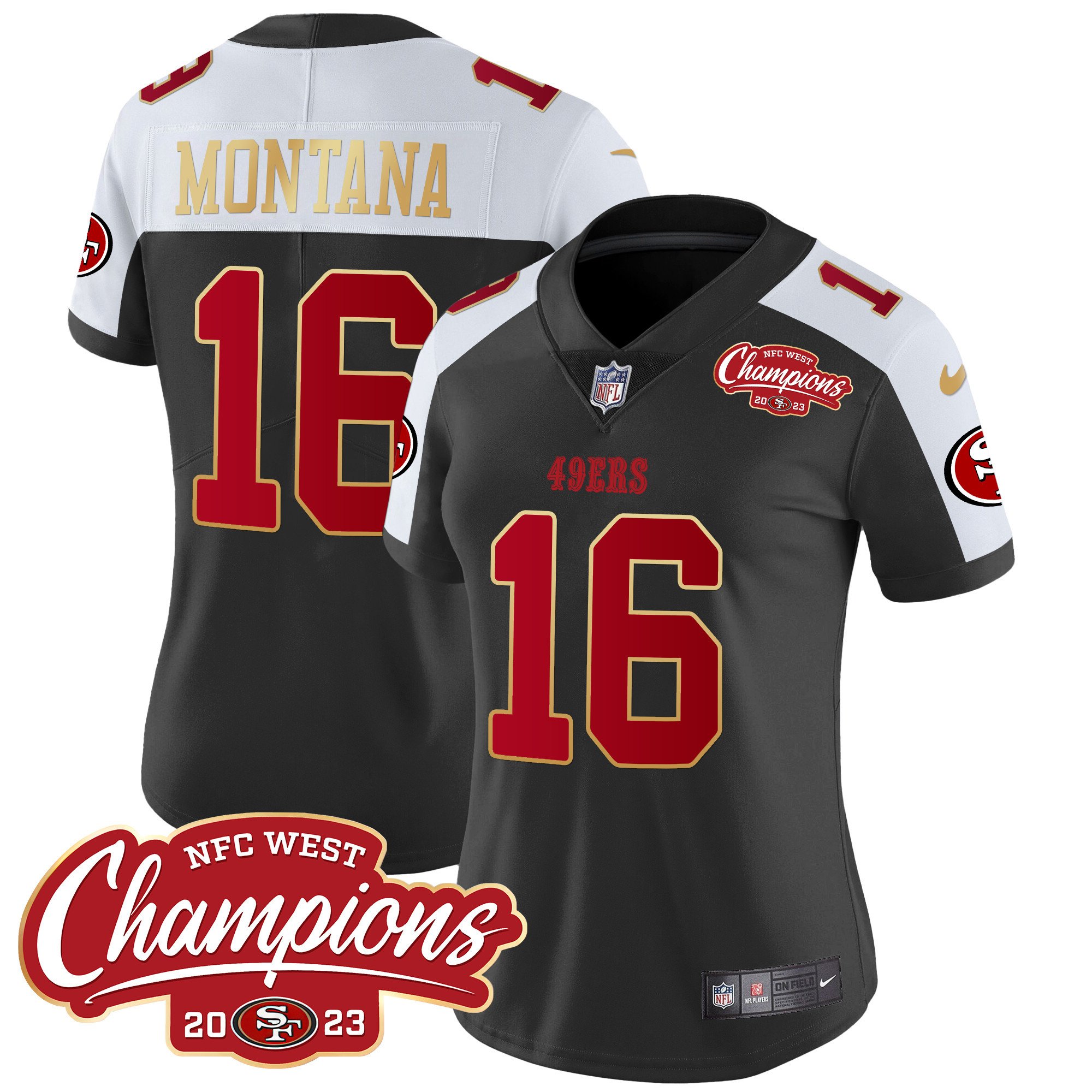 Women's Joe Montana San Francisco 49ers NFC West Champions Gold Trim Vapor Black Alternate Jersey - All Stitched