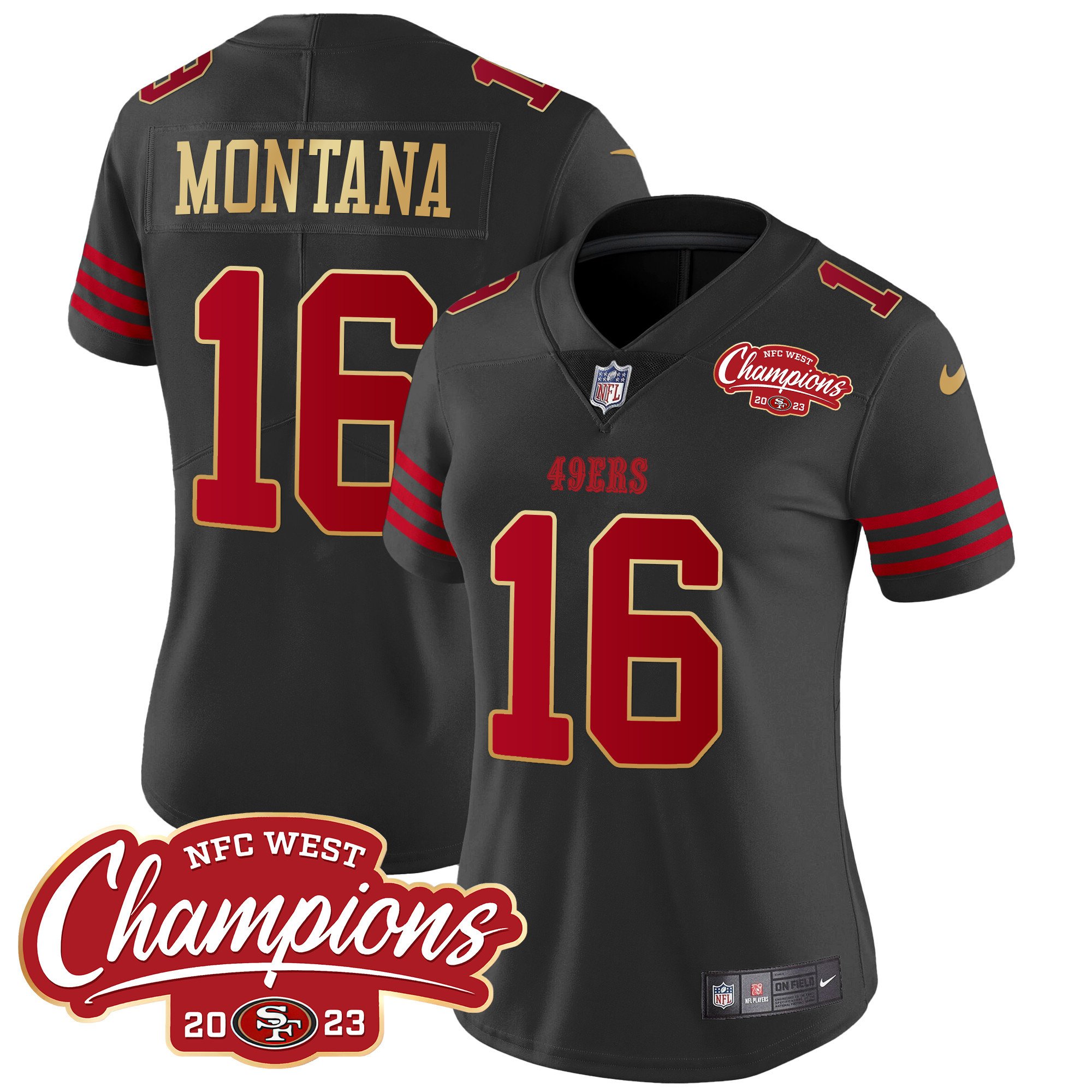 Women's Joe Montana San Francisco 49ers NFC West Champions Gold Trim Vapor Black Jersey - All Stitched