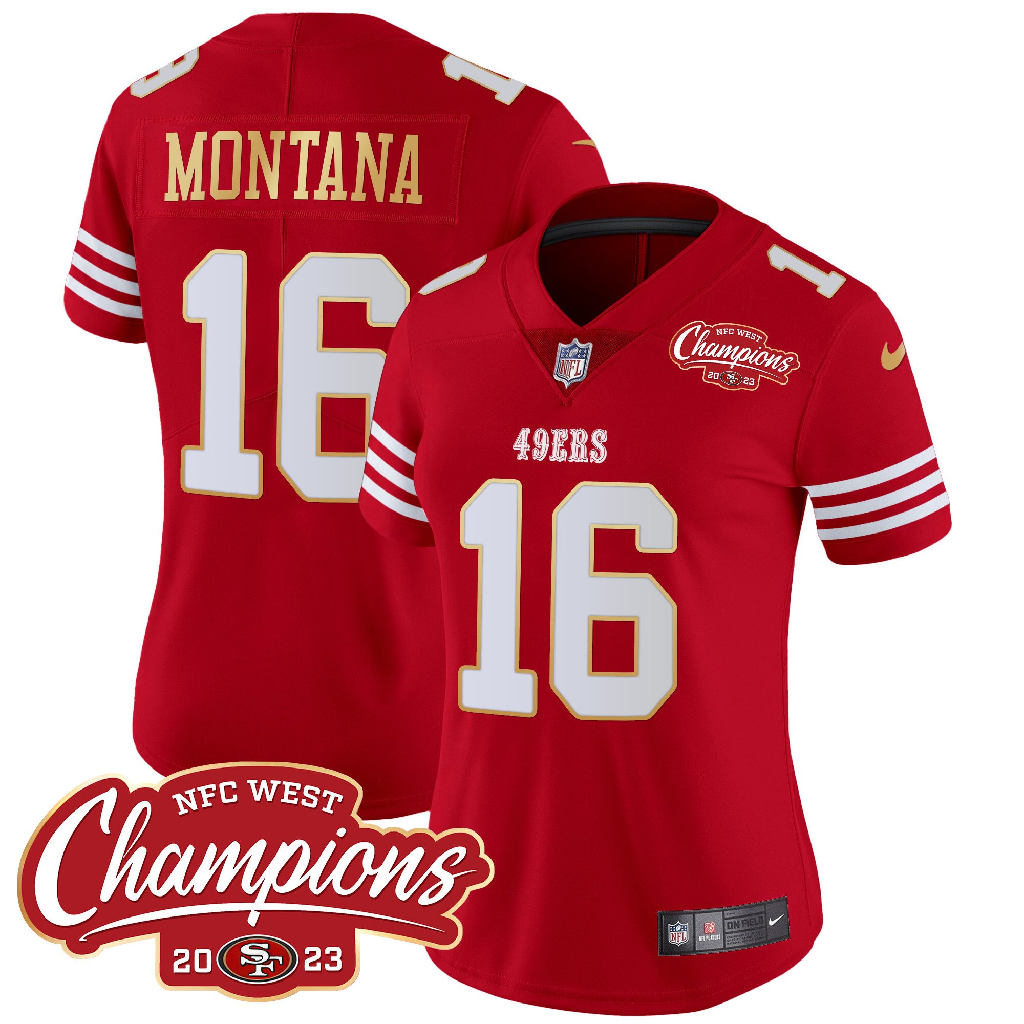Women's Joe Montana San Francisco 49ers NFC West Champions Gold Trim Vapor Red Jersey - All Stitched