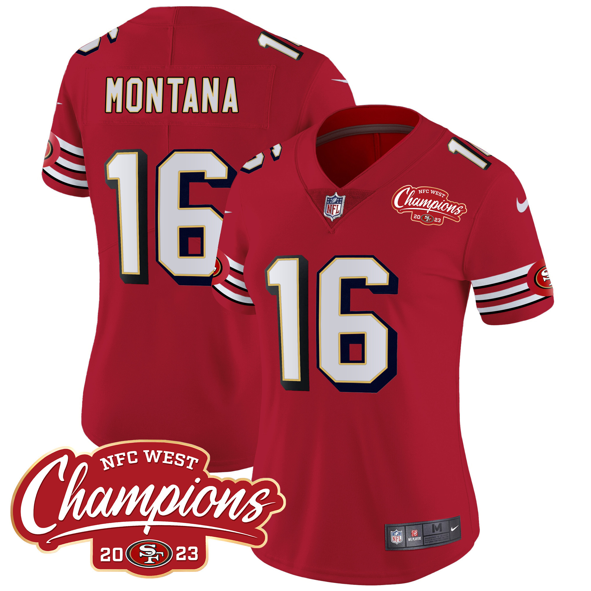 Women's Joe Montana San Francisco 49ers Throwback NFC West Champions Patch Vapor Red Jersey - All Stitched