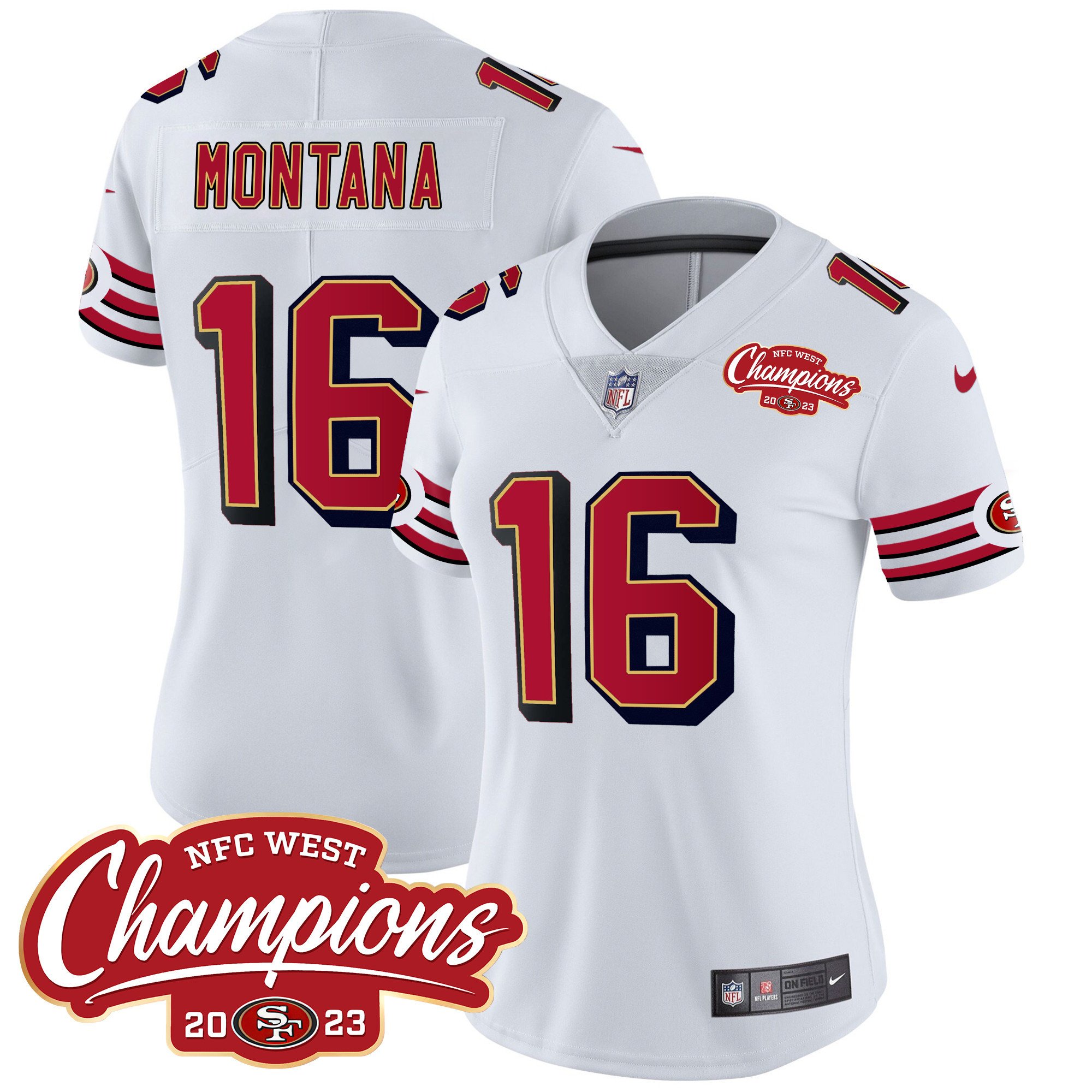 Women's Joe Montana San Francisco 49ers Throwback NFC West Champions Patch Vapor White Jersey - All Stitched