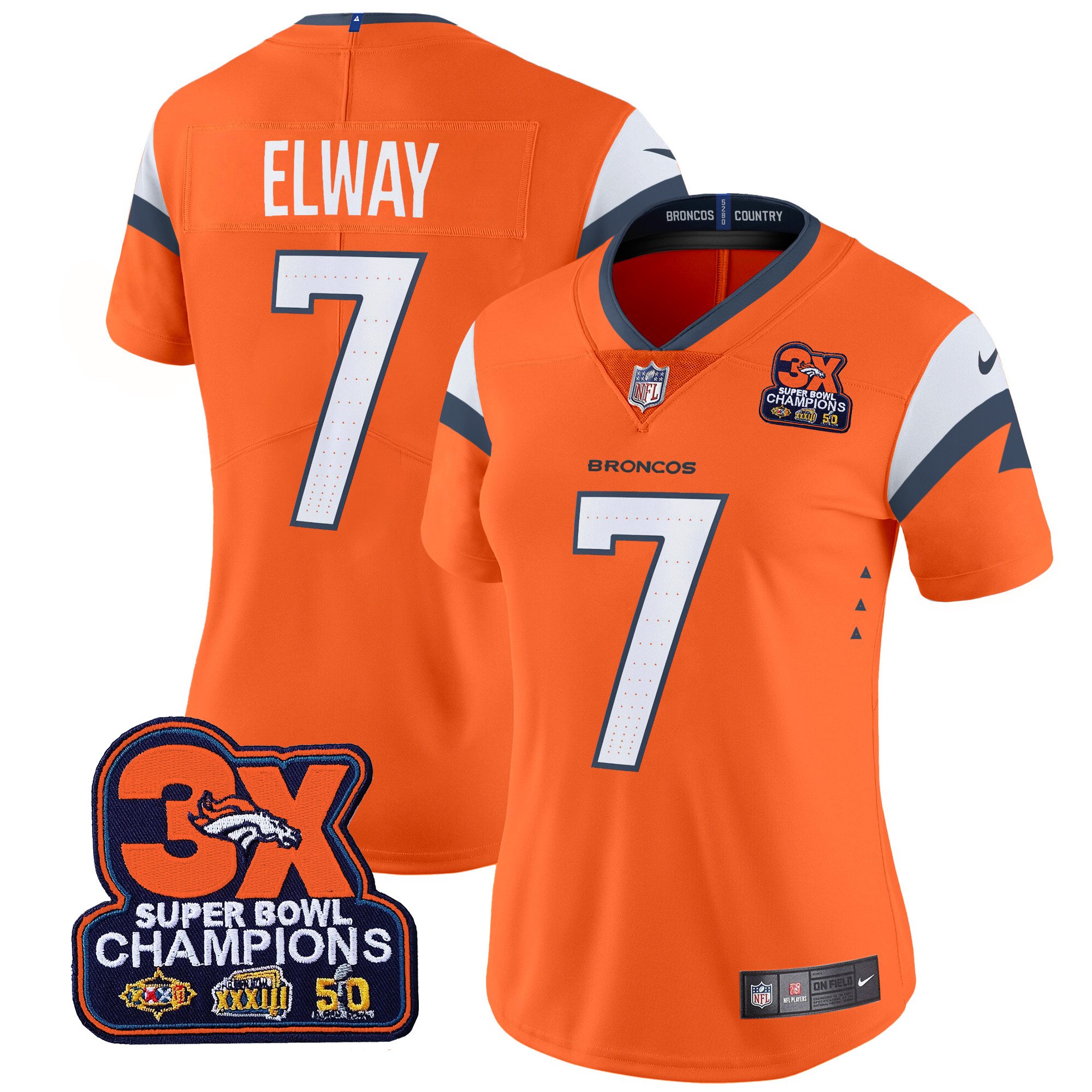 Women's John Elway Denver Broncos 3-Time Champions Patch Vapor Limited Orange Jersey - All Stitched