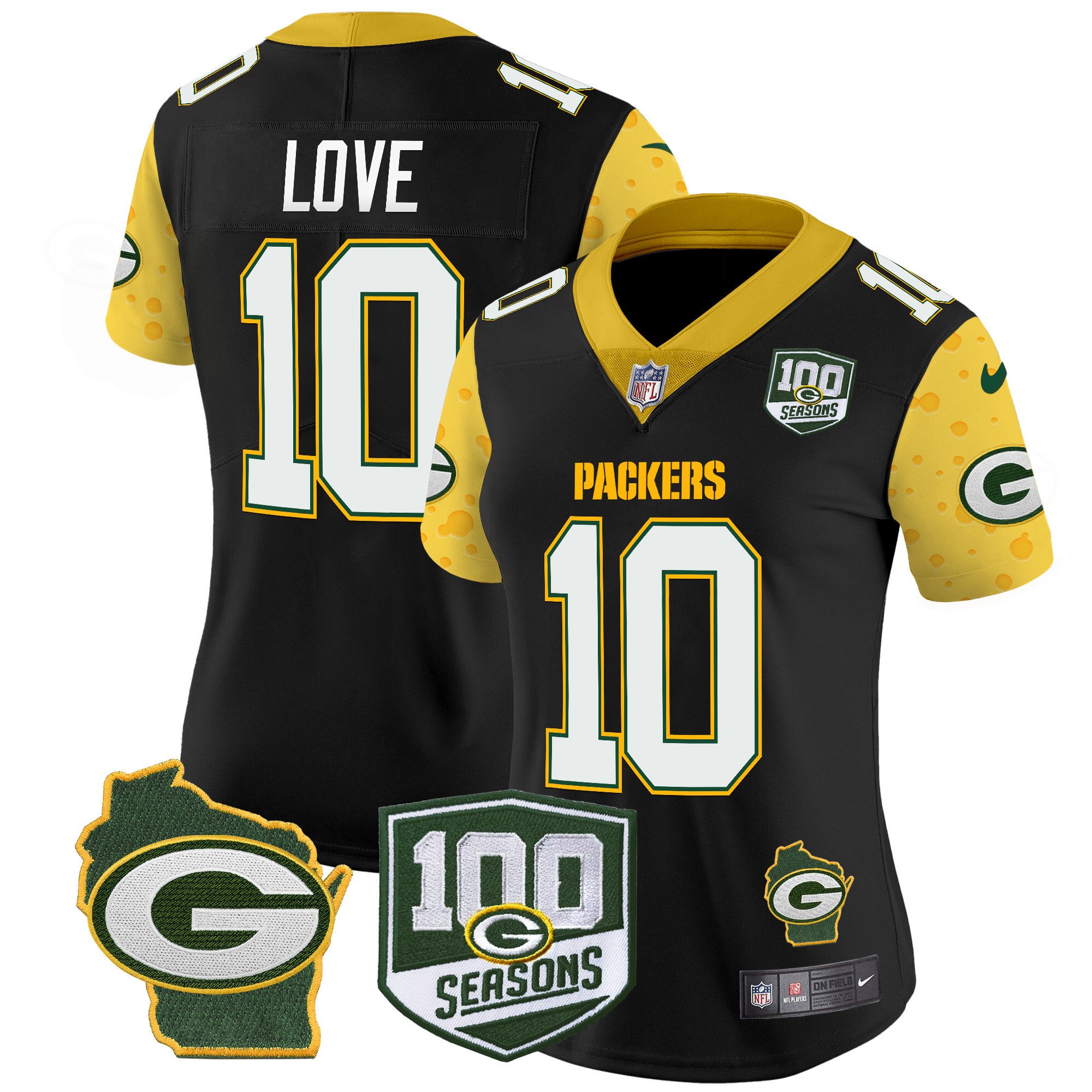 Women's Jordan Love Green Bay Packers 100th Season & Home Patch Cheese Vapor Limited Black Jersey â€“ All Stitched