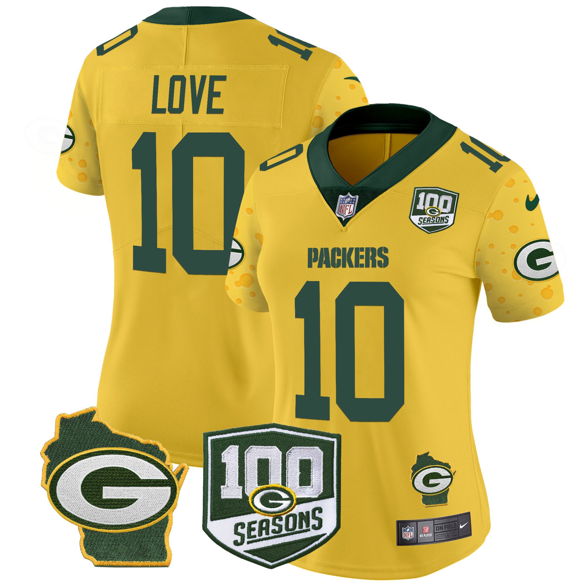 Women's Jordan Love Green Bay Packers 100th Season & Home Patch Cheese Vapor Limited Gold Jersey â€“ All Stitched