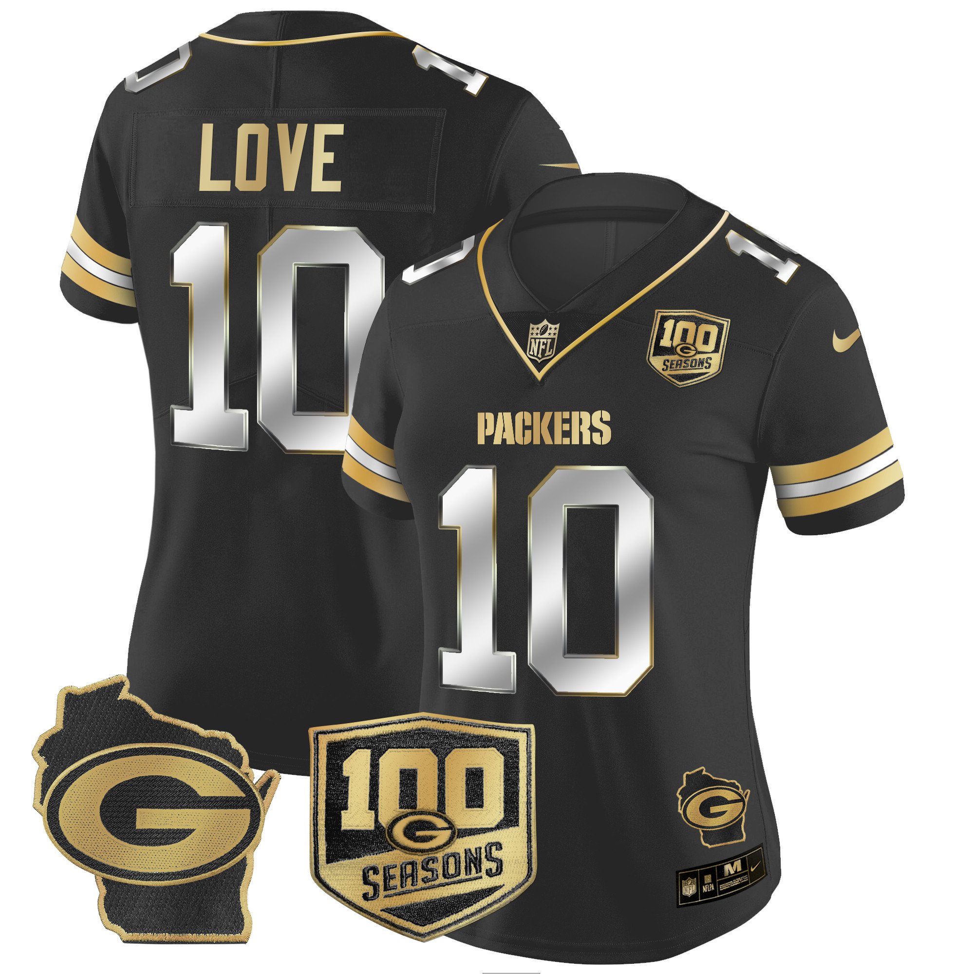Women's Jordan Love Green Bay Packers 100th Season & Home Patch Gold Vapor Limited Black Limited Jersey â€“ All Stitched