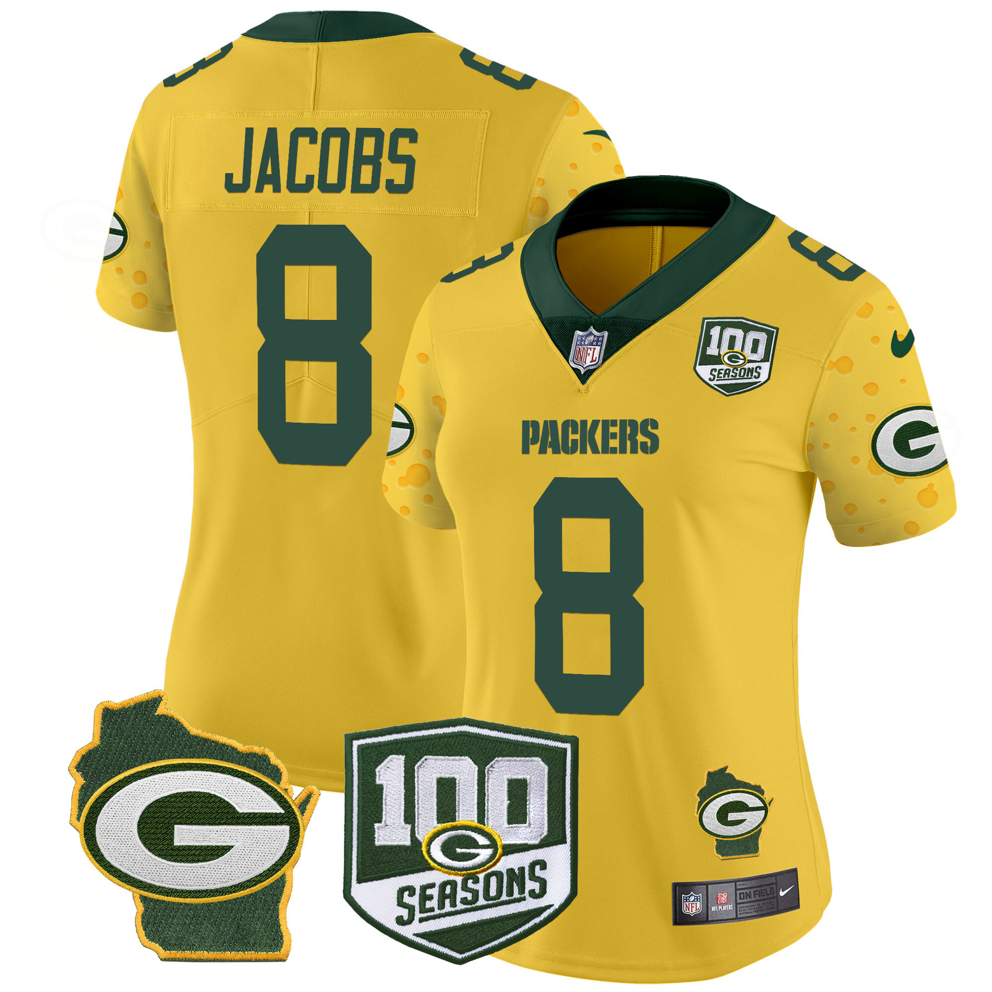 Women's Josh Jacobs Green Bay Packers 100th Season & Home Patch Cheese Vapor Limited Gold Jersey â€“ All Stitched