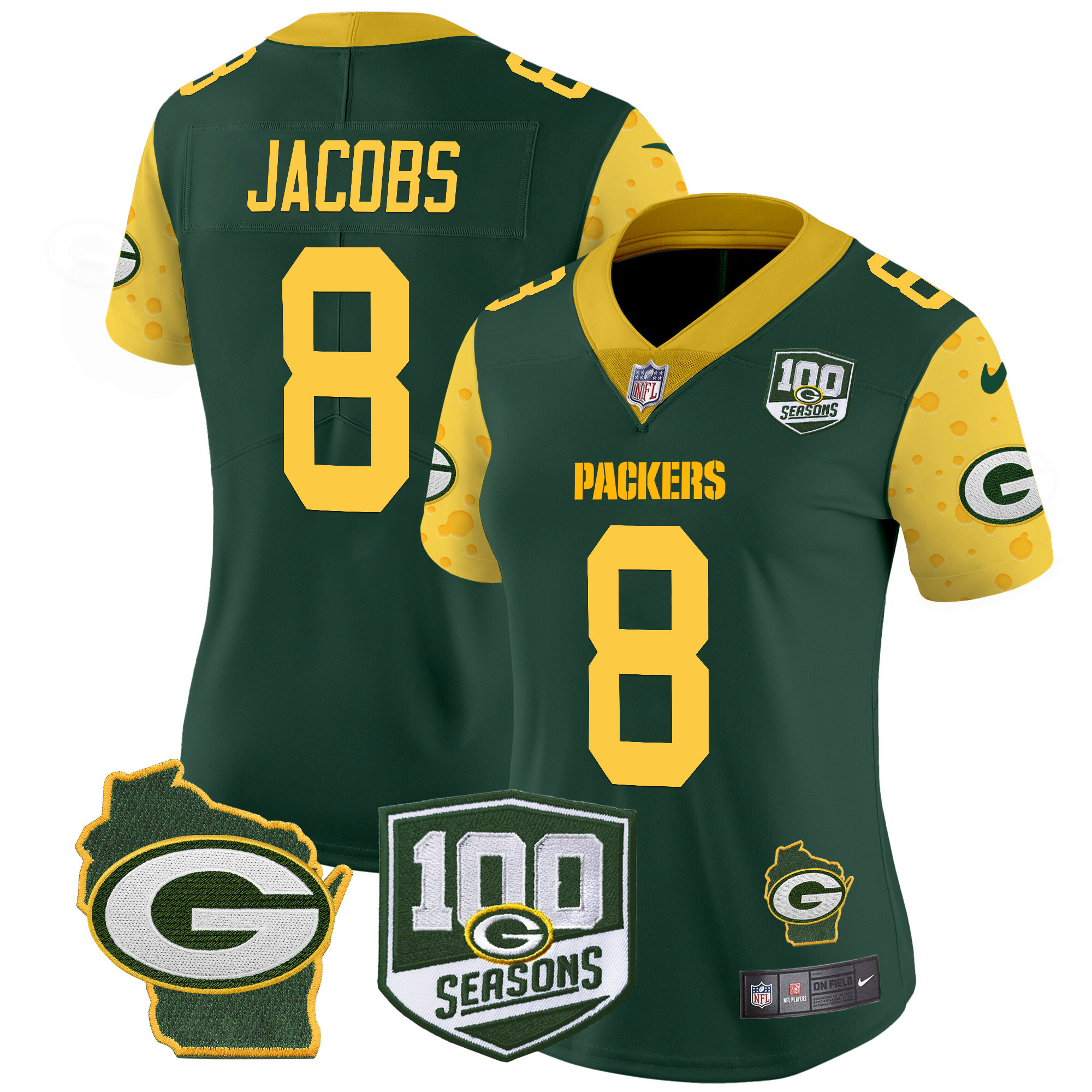 Women's Josh Jacobs Green Bay Packers 100th Season & Home Patch Cheese Vapor Limited Green Jersey â€“ All Stitched