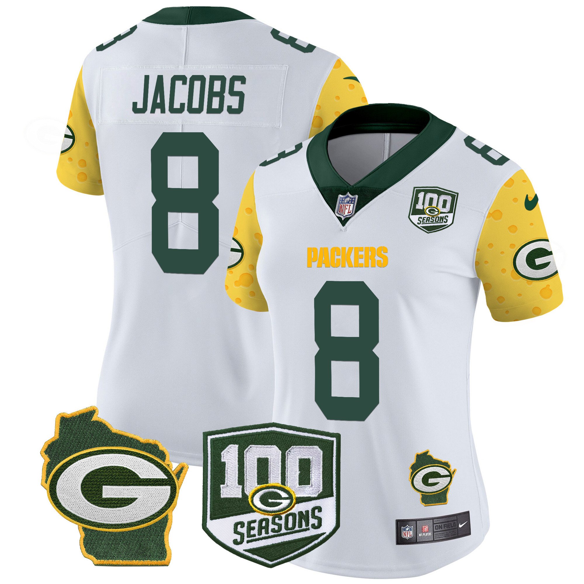 Women's Josh Jacobs Green Bay Packers 100th Season & Home Patch Cheese Vapor Limited White Jersey – All Stitched
