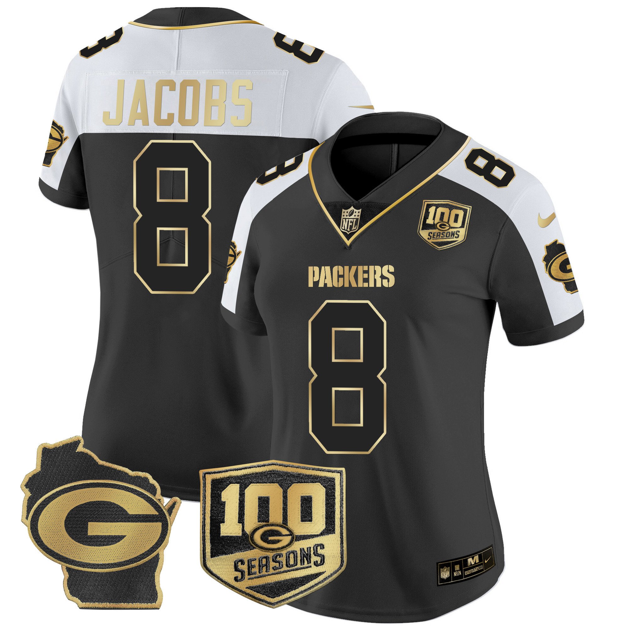 Women's Josh Jacobs Green Bay Packers 100th Season & Home Patch Gold Vapor Limited Alternate Jersey â€“ All Stitched