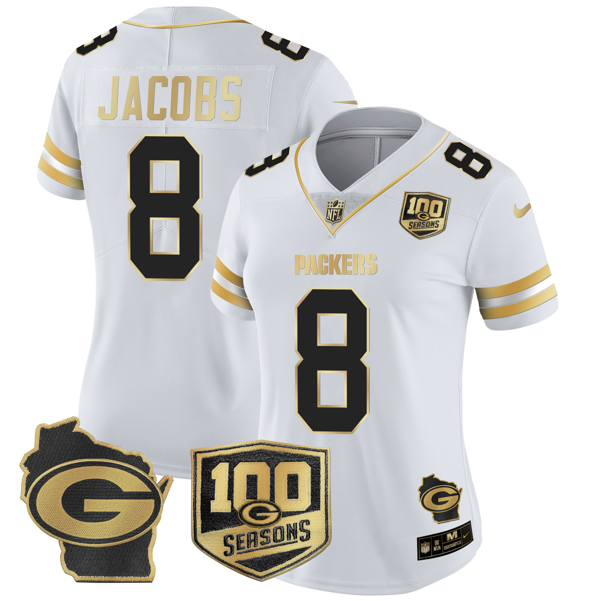 Women's Josh Jacobs Green Bay Packers 100th Season & Home Patch Gold Vapor Limited White Gold Jersey – All Stitched