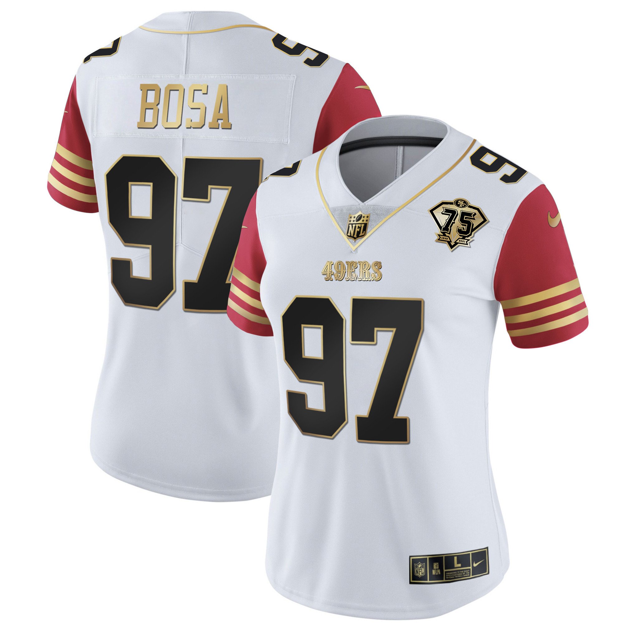 Women's Nick Bosa San Francisco 49ers 2023 Vapor Gold Limited Scarlet Sleeves Jersey - All Stitched