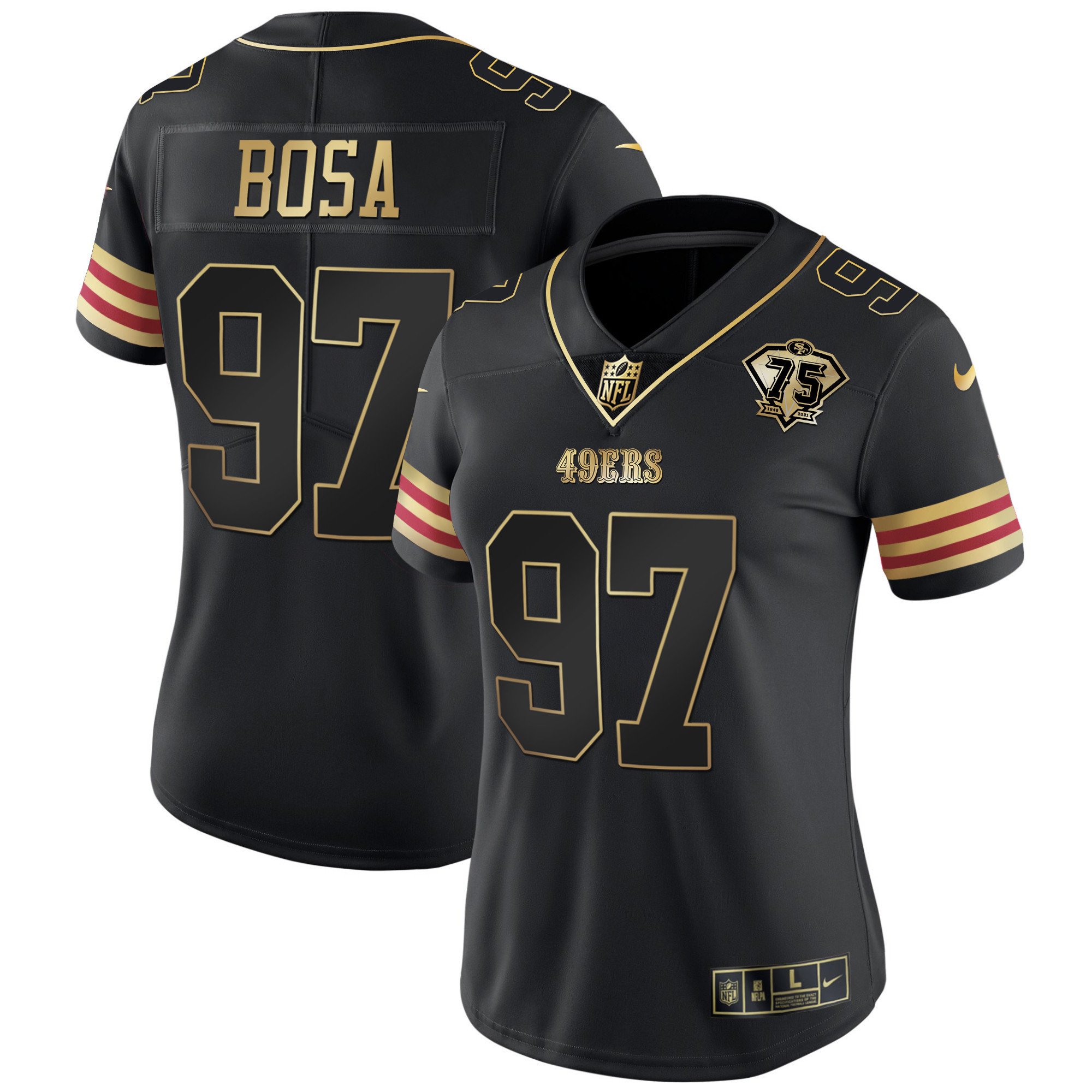 Women's Nick Bosa San Francisco 49ers 75th Anniversary Patch Vapor Gold Black Gold Jersey V2 - All Stitched