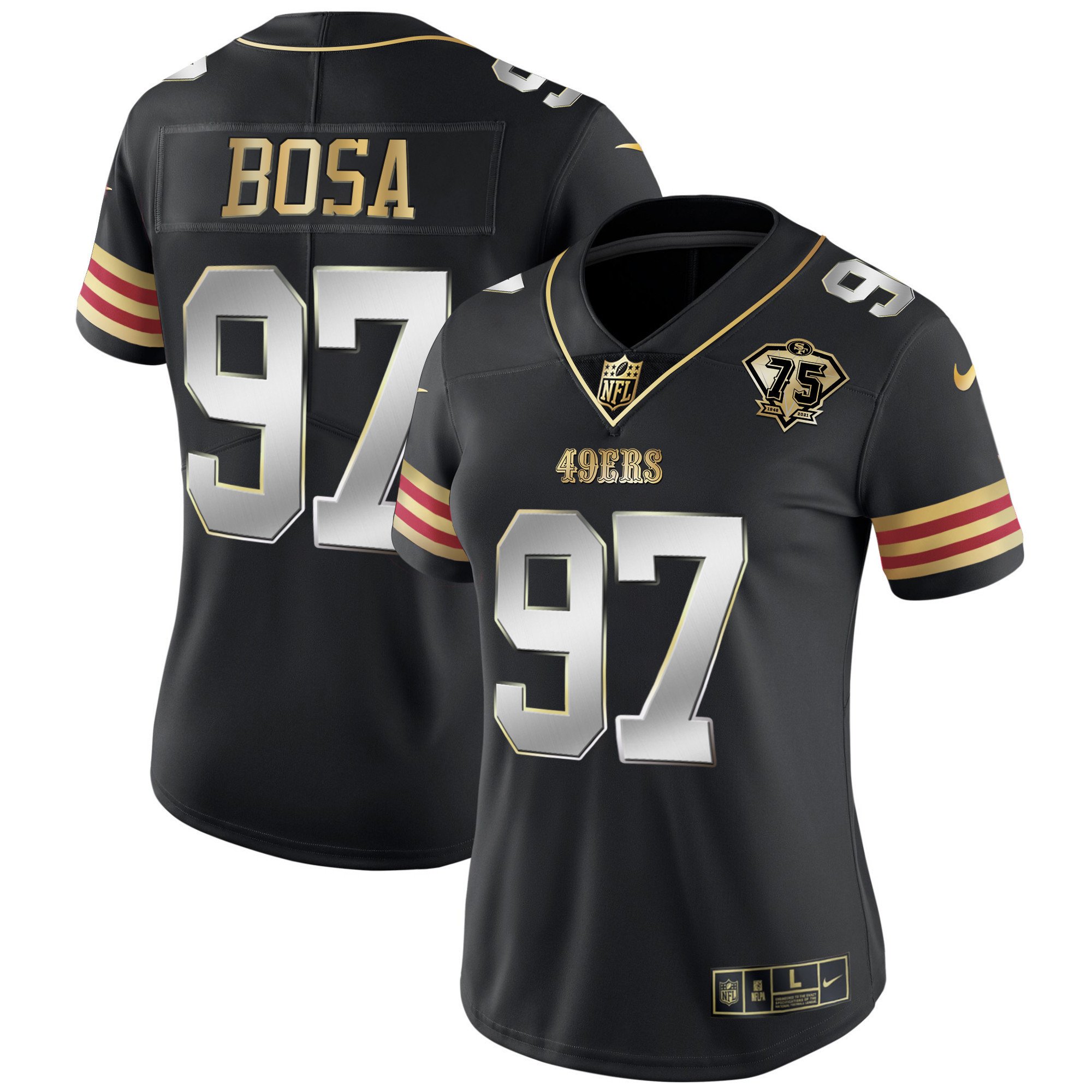 Women's Nick Bosa San Francisco 49ers 75th Anniversary Patch Vapor Gold Black Limited Jersey V2 - All Stitched