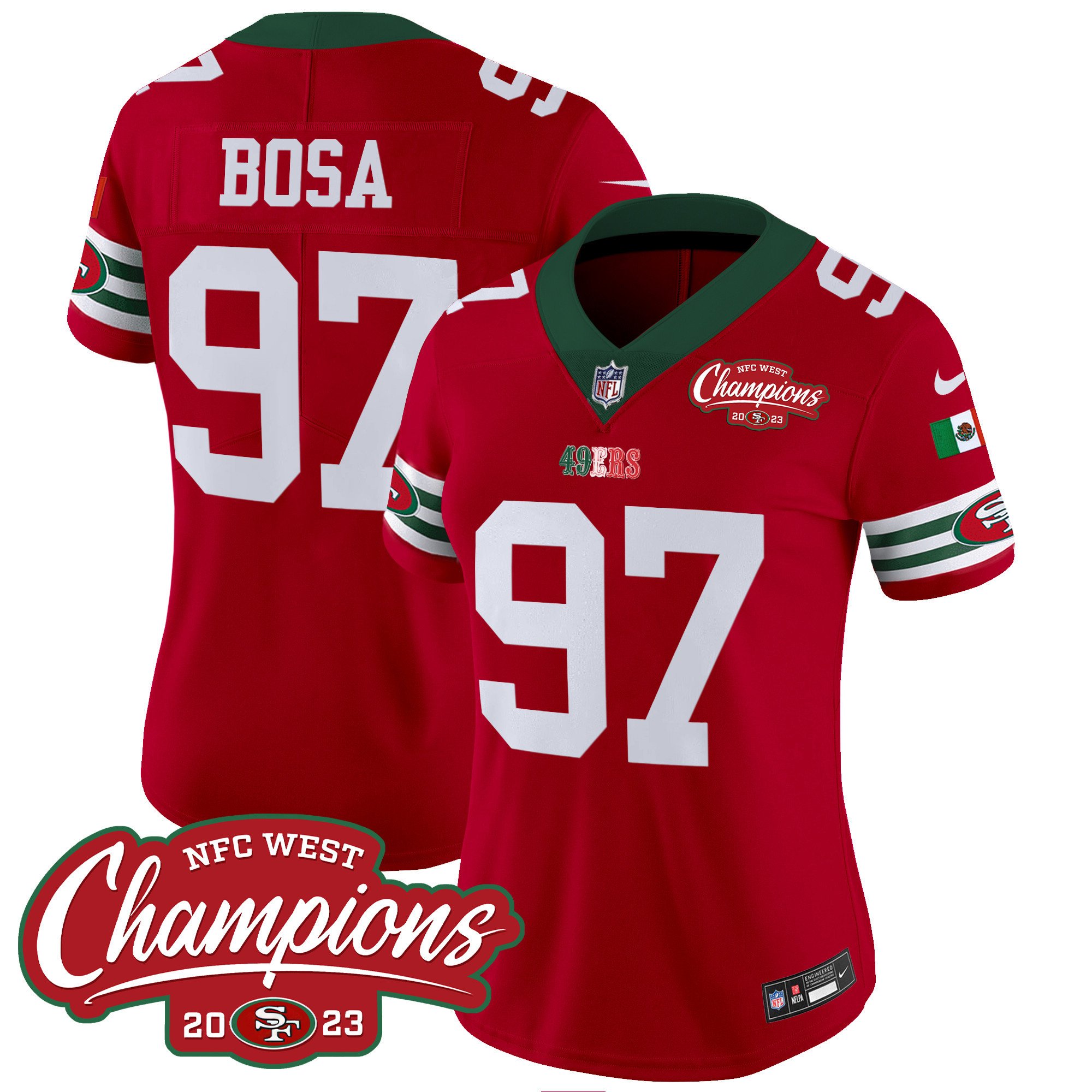 Women's Nick Bosa San Francisco 49ers Mexico 2023 NFC West Champions Patch Vapor Red Jersey - All Stitched