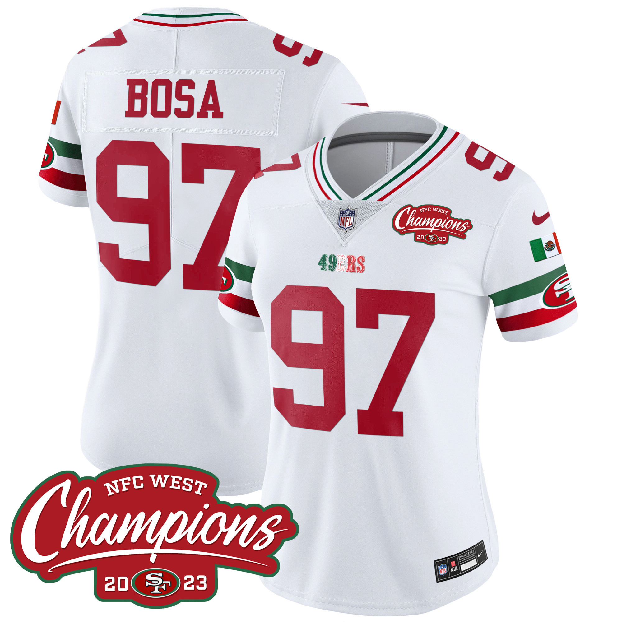Women's Nick Bosa San Francisco 49ers Mexico 2023 NFC West Champions Patch Vapor White Jersey - All Stitched