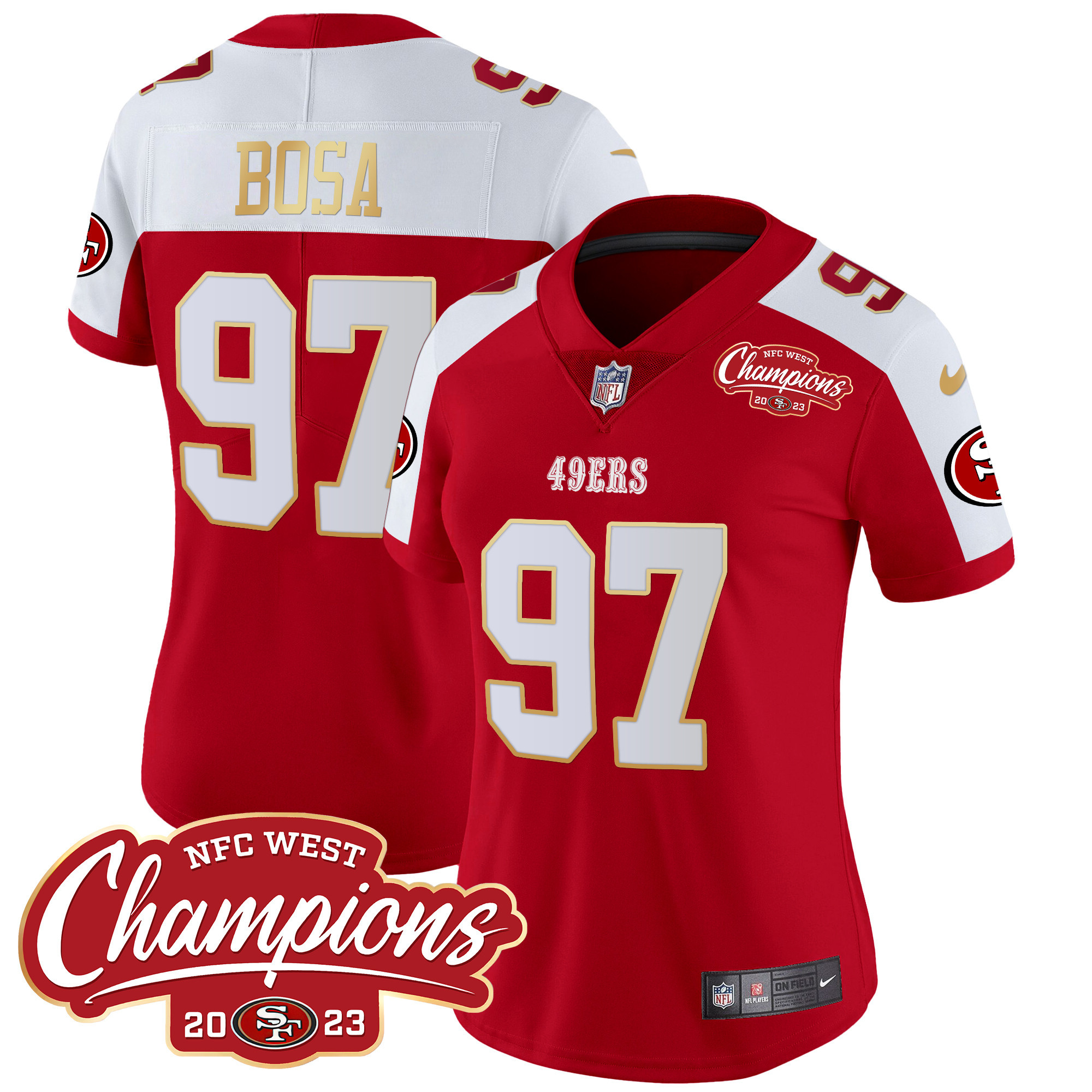 Women's Nick Bosa San Francisco 49ers NFC West Champions Gold Trim Vapor Alternate Jersey - All Stitched
