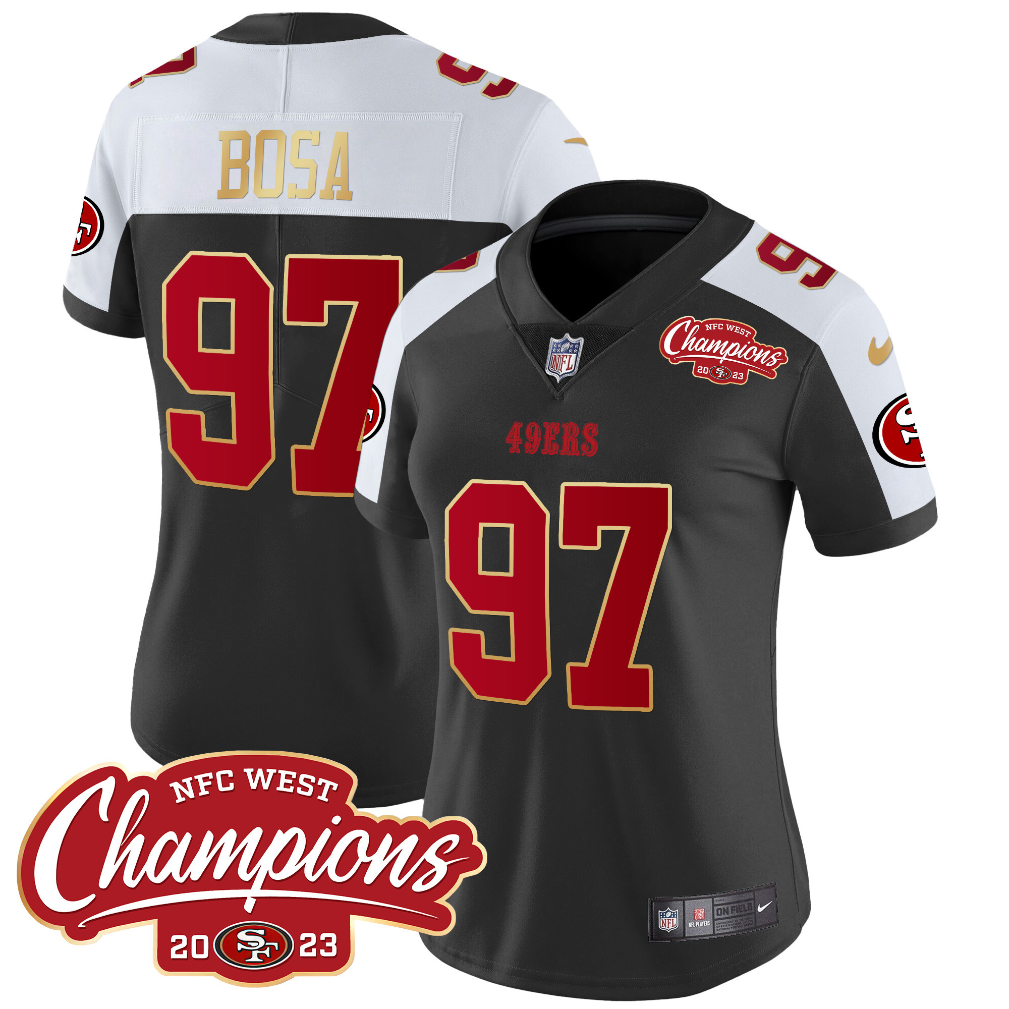 Women's Nick Bosa San Francisco 49ers NFC West Champions Gold Trim Vapor Black Alternate Jersey - All Stitched