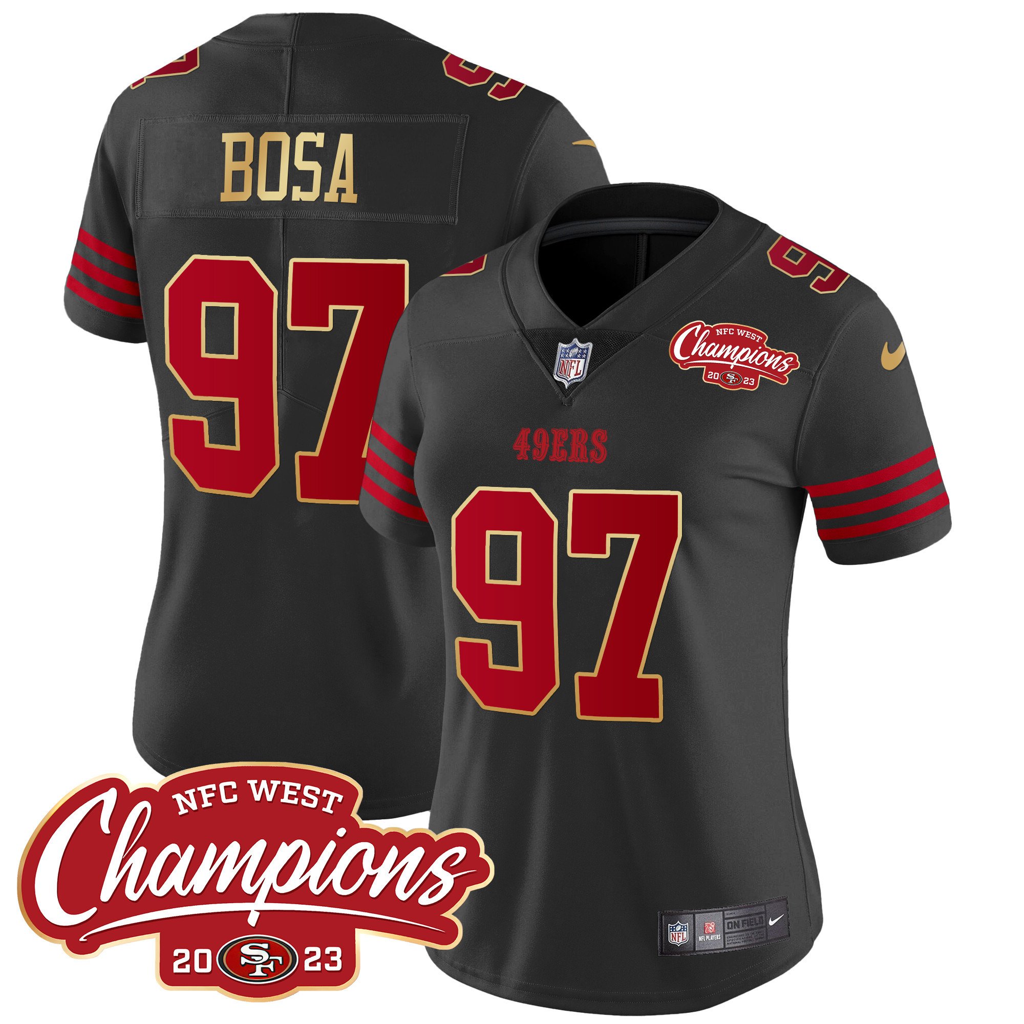 Women's Nick Bosa San Francisco 49ers NFC West Champions Gold Trim Vapor Black Jersey - All Stitched
