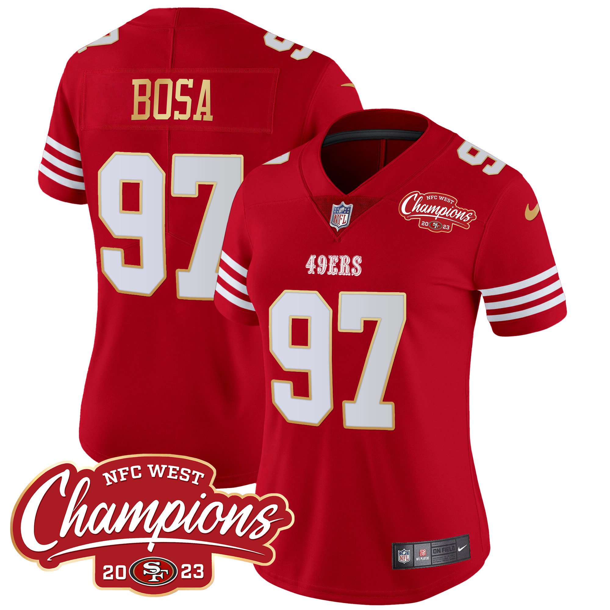 Women's Nick Bosa San Francisco 49ers NFC West Champions Gold Trim Vapor Red Jersey - All Stitched