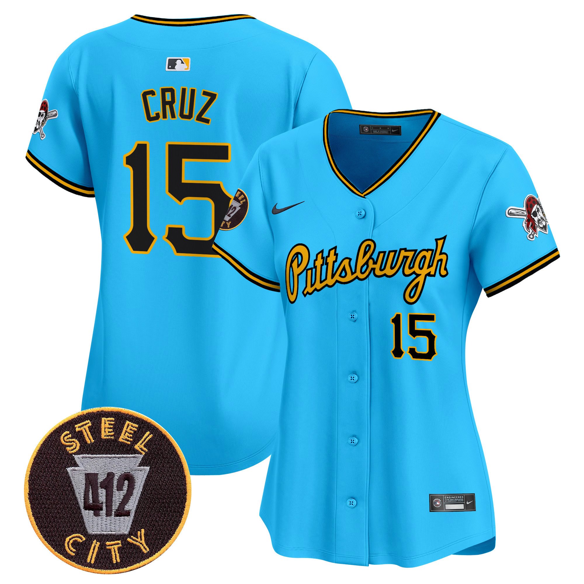 Women's Oneil Cruz Pittsburgh Pirates 412 Patch Vapor Premier Limited Light Blue Jersey V4 - All Stitched