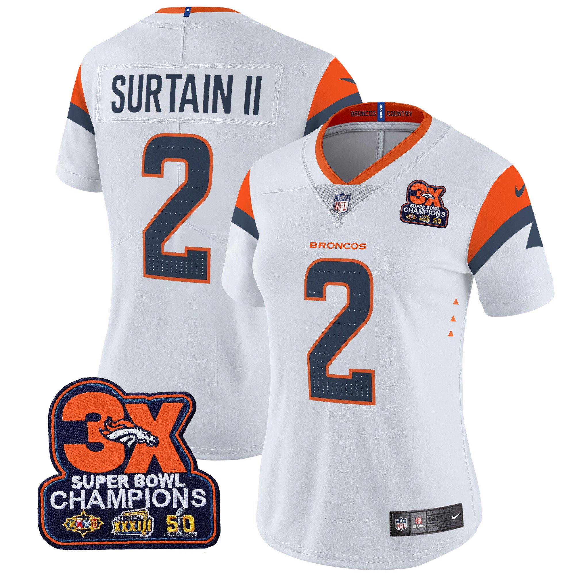 Women's Patrick Surtain II Denver Broncos 3-Time Champions Patch Vapor Limited White Jersey - All Stitched