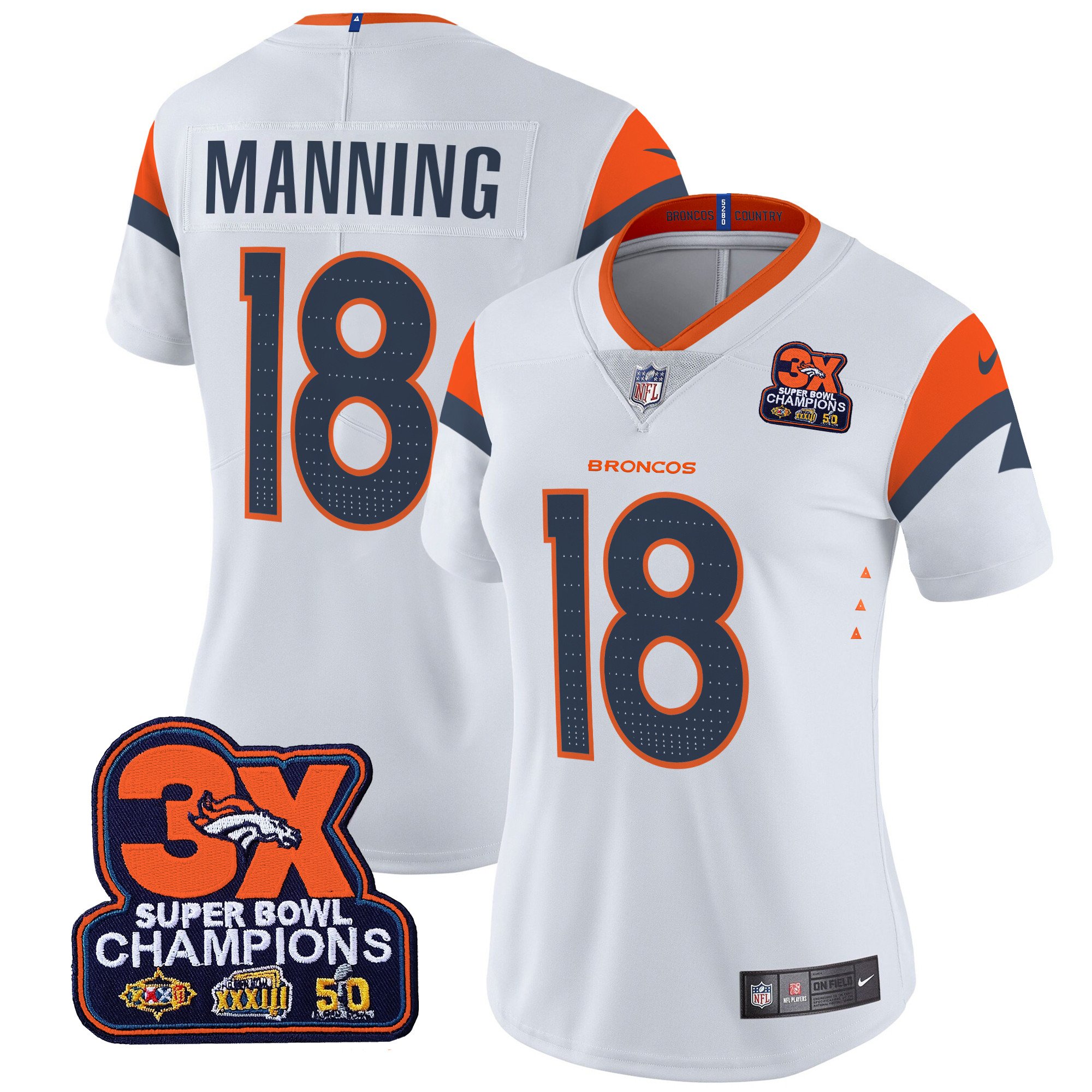 Women's Peyton Manning Denver Broncos 3-Time Champions Patch Vapor Limited White Jersey - All Stitched
