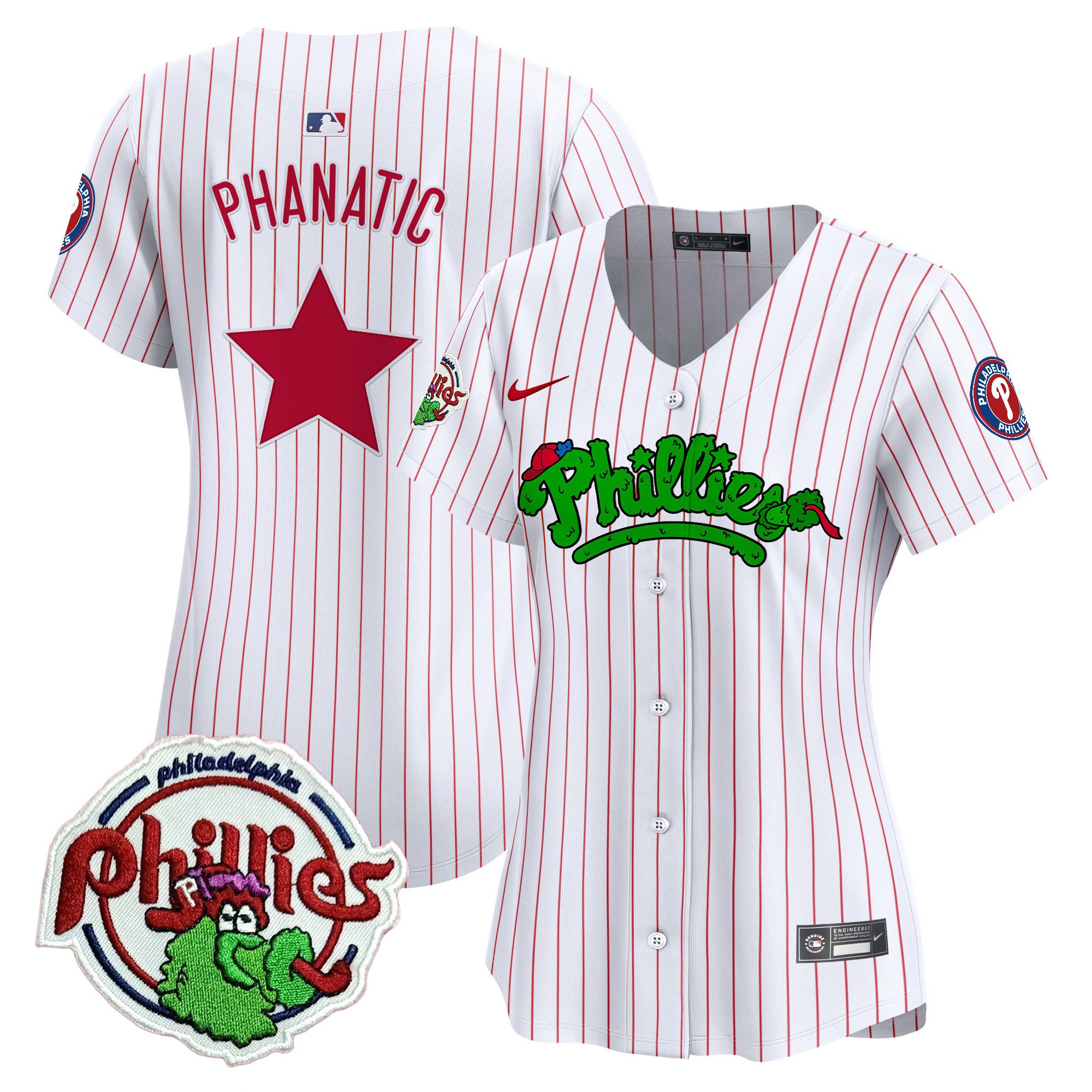Women's Phanatic Philadelphia Phillies Phanatic Patch Vapor Premier Limited White Pinstripe Jersey V2 - All Stitched