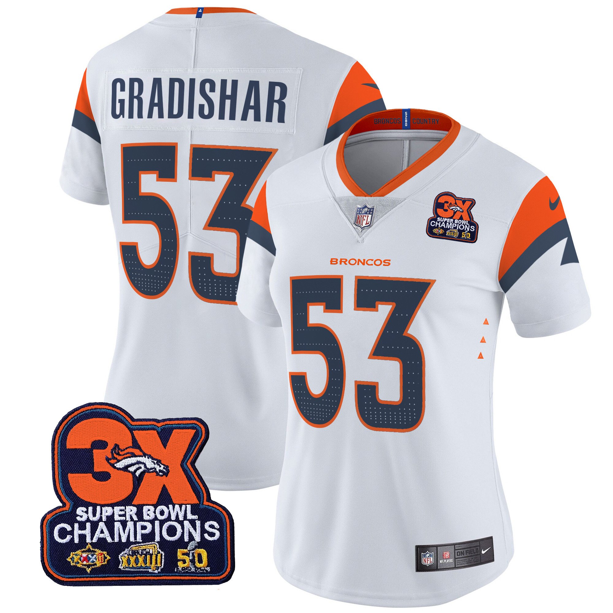 Women's Randy Gradishar Denver Broncos 3-Time Champions Patch Vapor Limited White Jersey - All Stitched