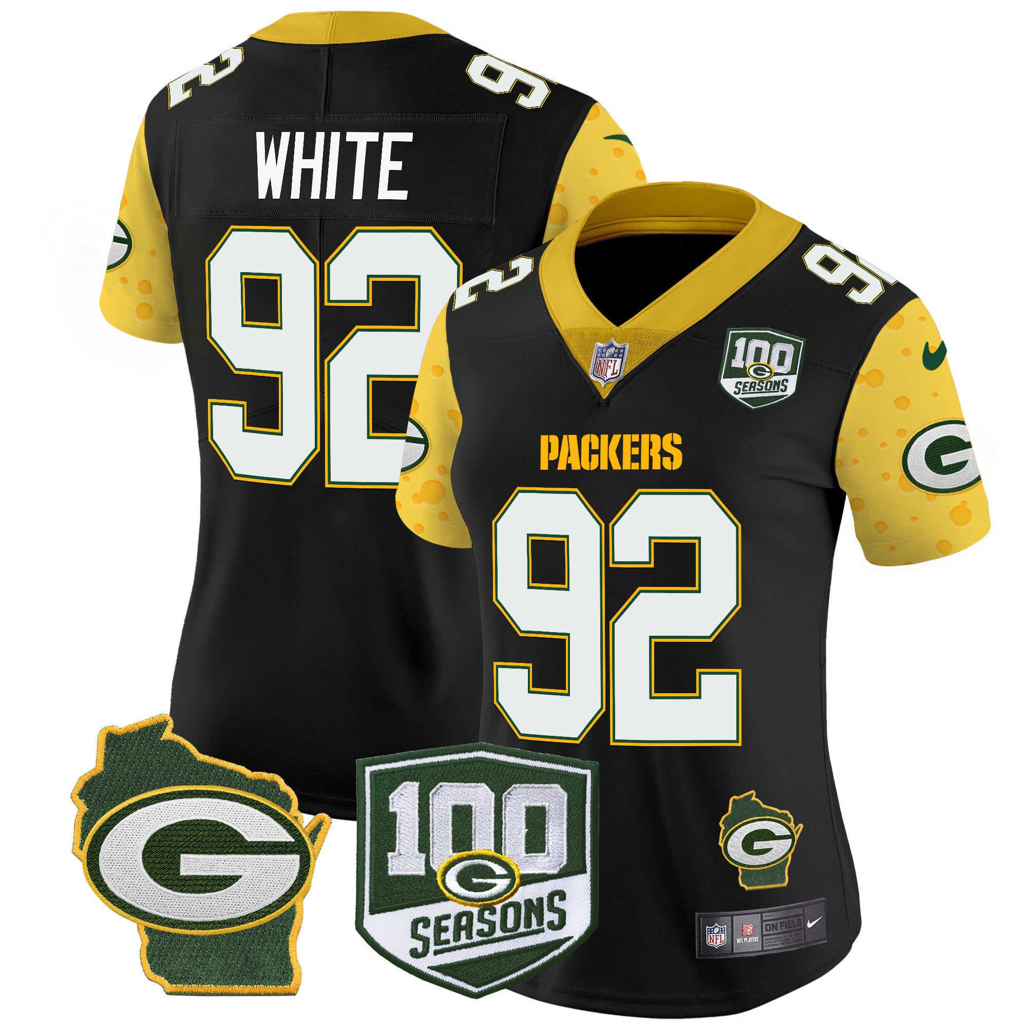 Women's Reggie White Green Bay Packers 100th Season & Home Patch Cheese Vapor Limited Black Jersey â€“ All Stitched