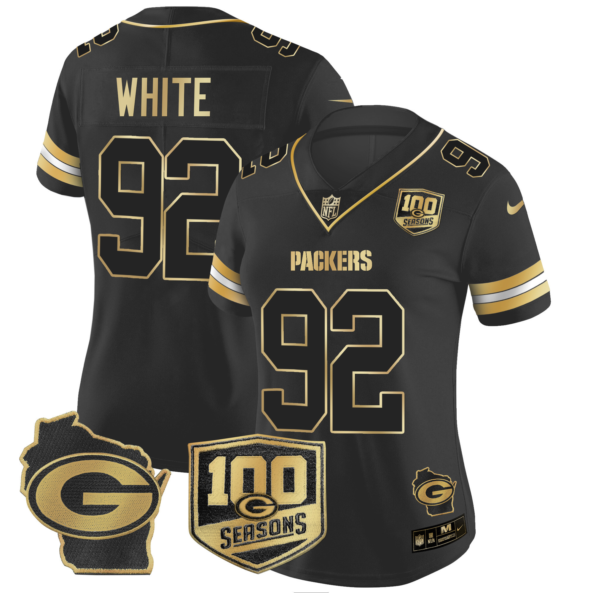 Women's Reggie White Green Bay Packers 100th Season & Home Patch Gold Vapor Limited Black Gold Jersey – All Stitched
