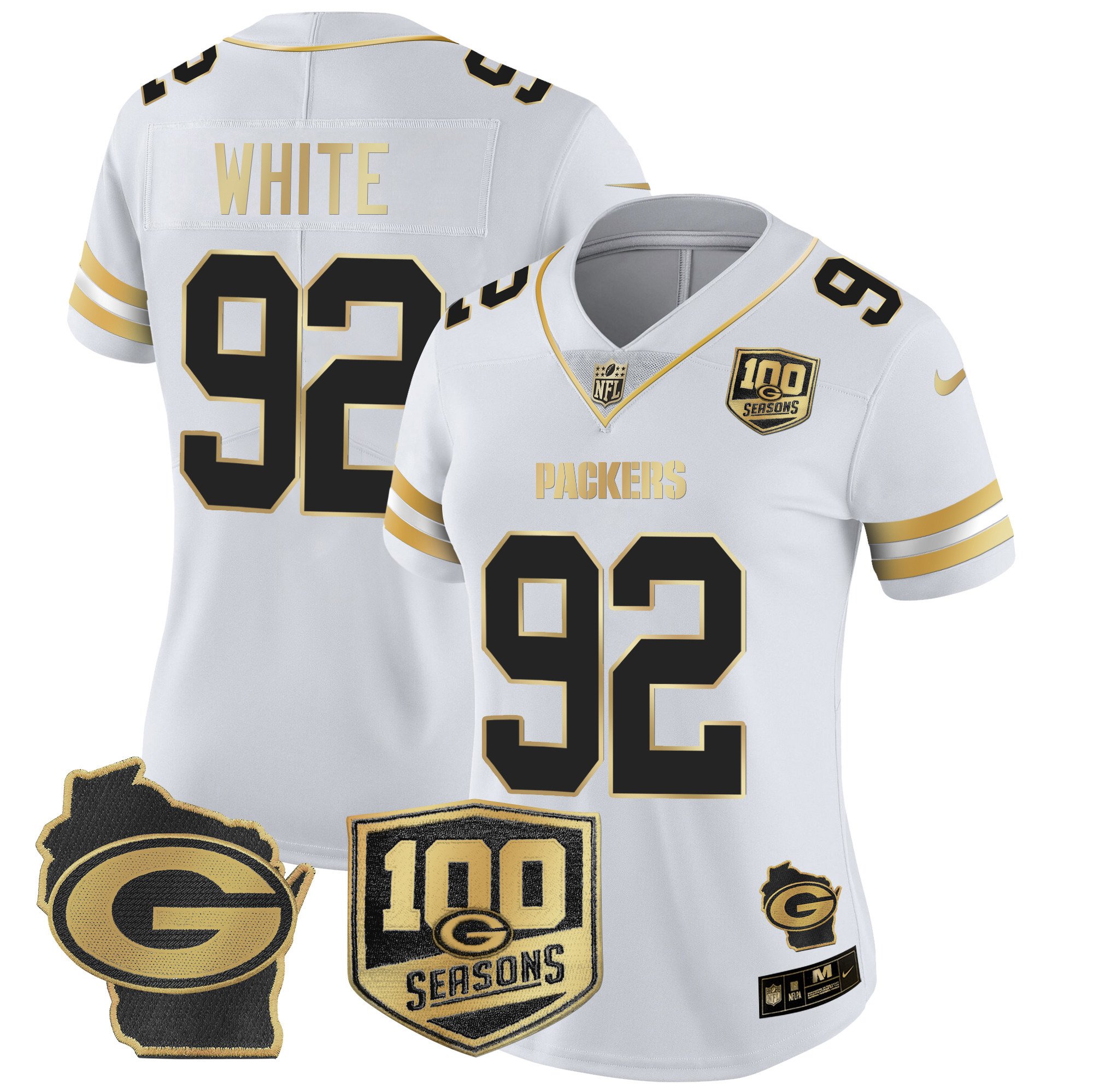 Women's Reggie White Green Bay Packers 100th Season & Home Patch Gold Vapor Limited White Gold Jersey â€“ All Stitched