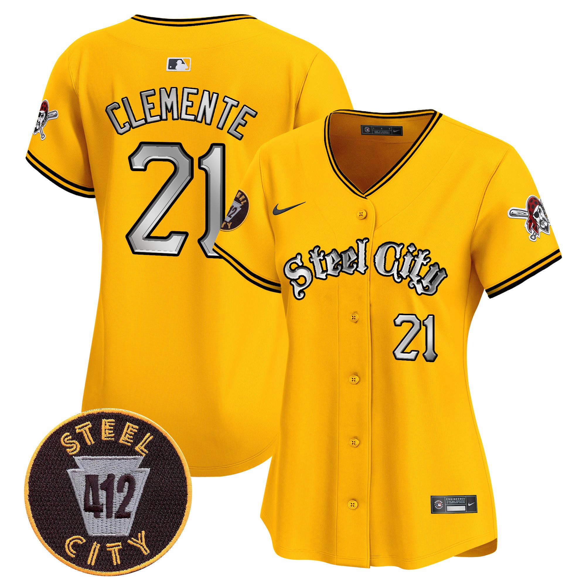 Women's Roberto Clemente Pittsburgh Pirates 412 Patch Vapor Premier Limited Gold Jersey V2 - All Stitched