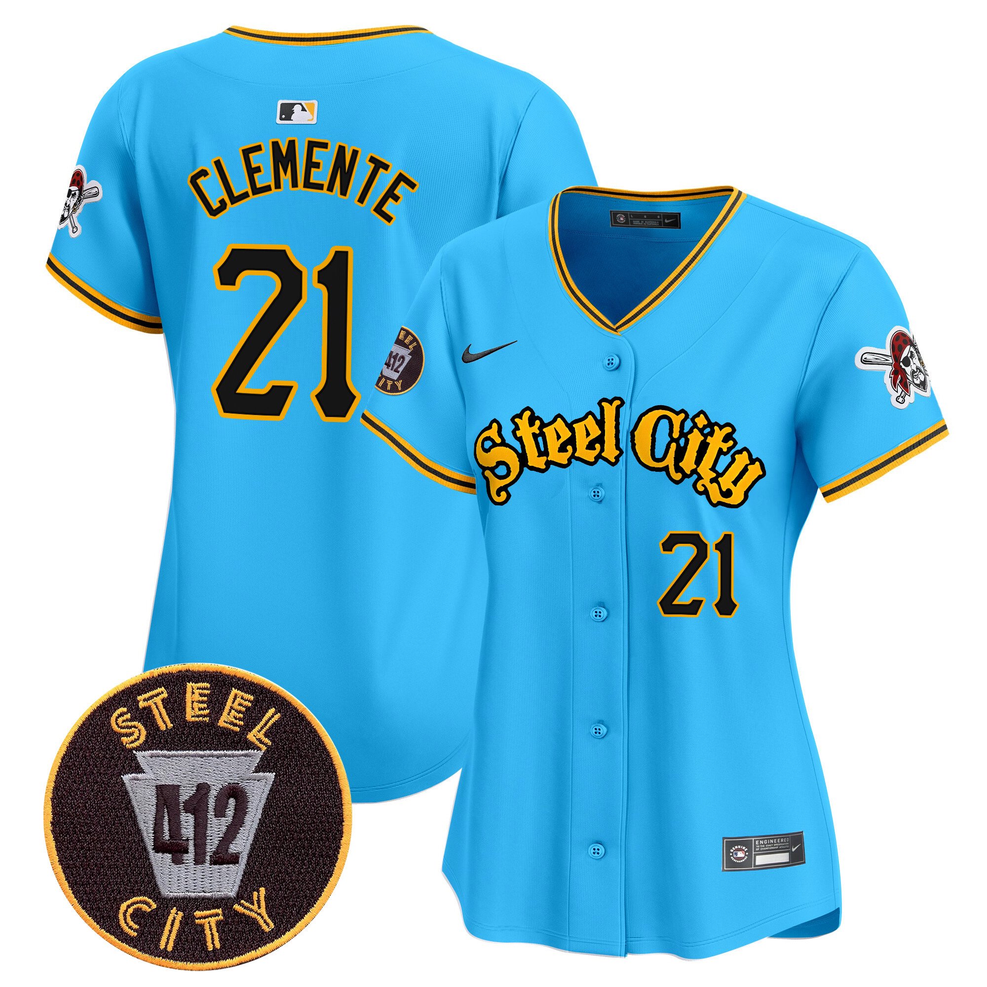 Women's Roberto Clemente Pittsburgh Pirates 412 Patch Vapor Premier Limited Light Blue Jersey - All Stitched