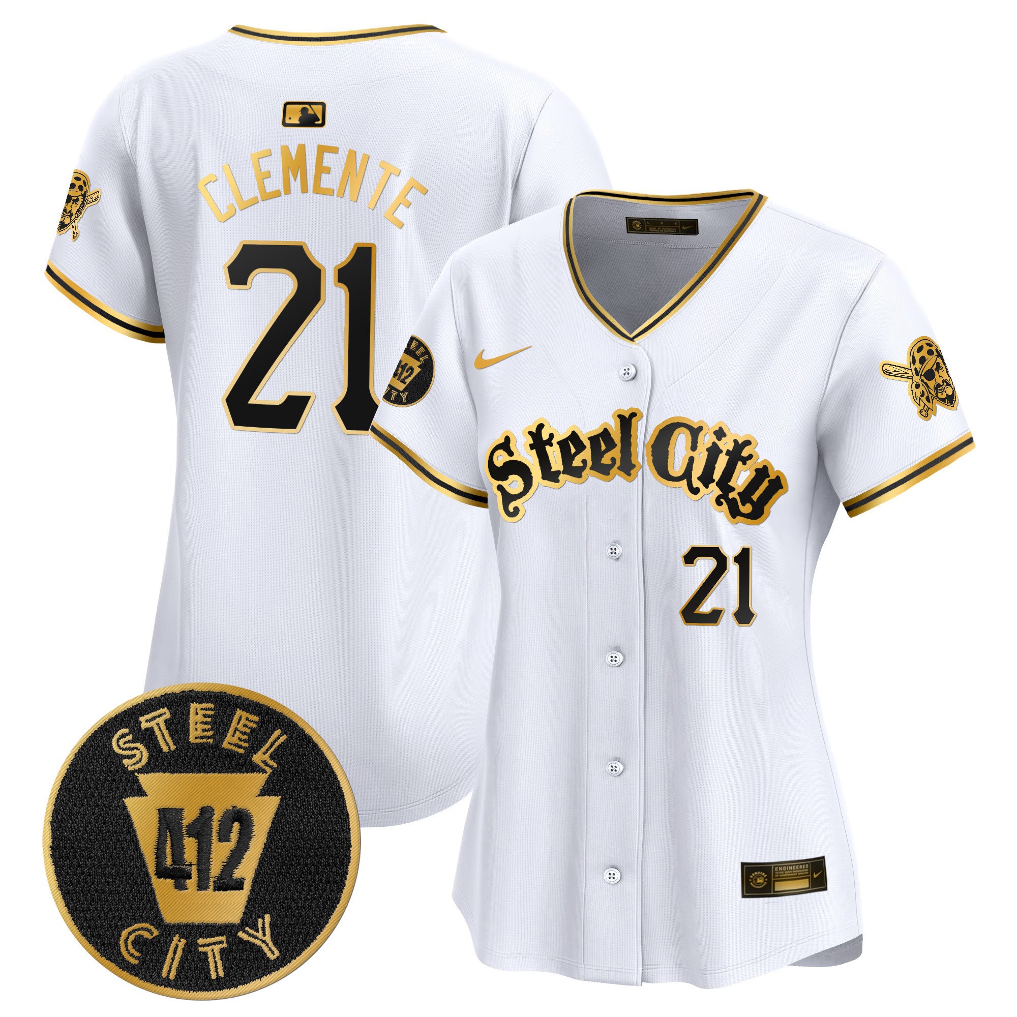 Women's Roberto Clemente Pittsburgh Pirates 412 Patch Vapor Premier Limited White Gold Jersey V5 - All Stitched