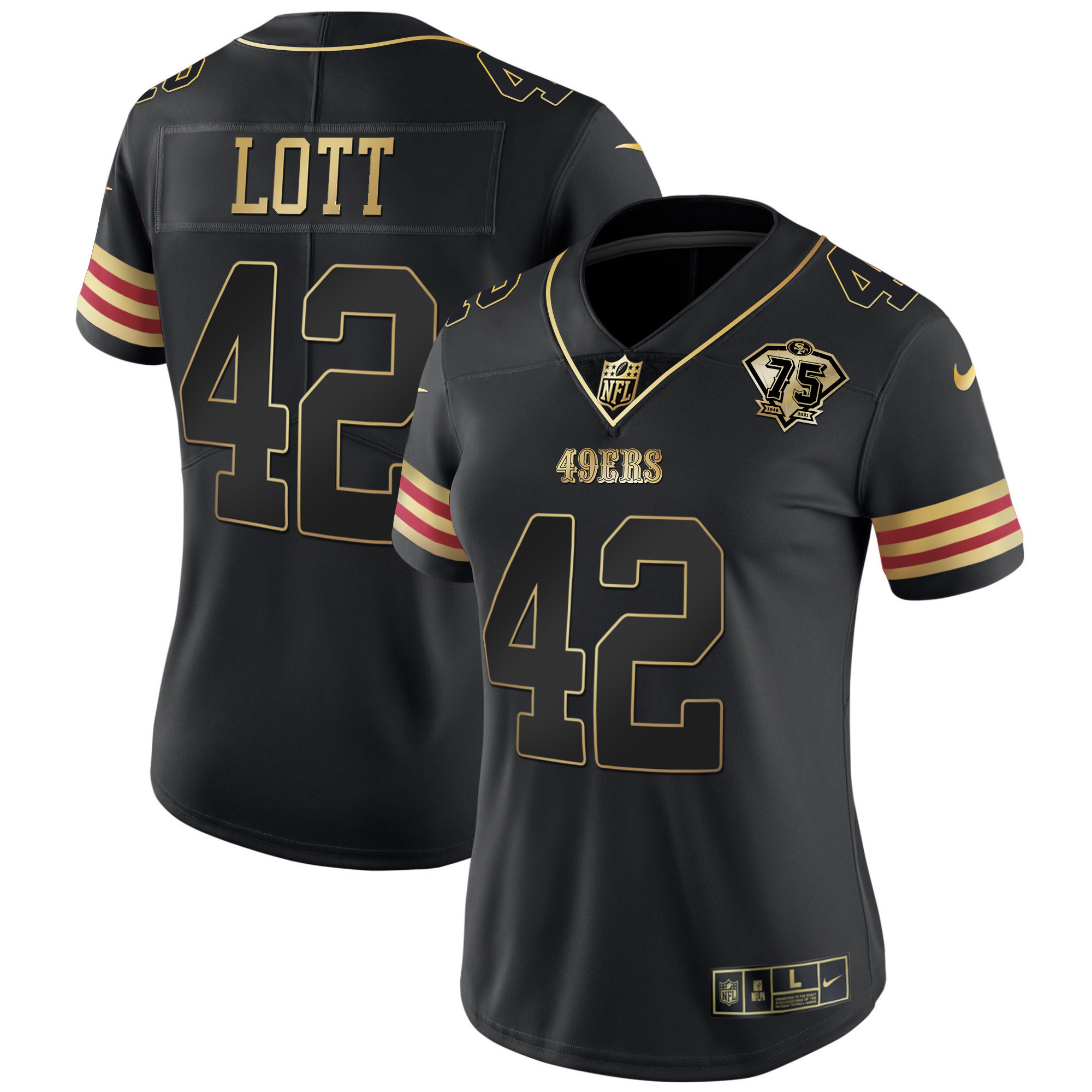 Women's Ronnie Lott San Francisco 49ers 75th Anniversary Patch Vapor Gold Black Gold Jersey V2 - All Stitched