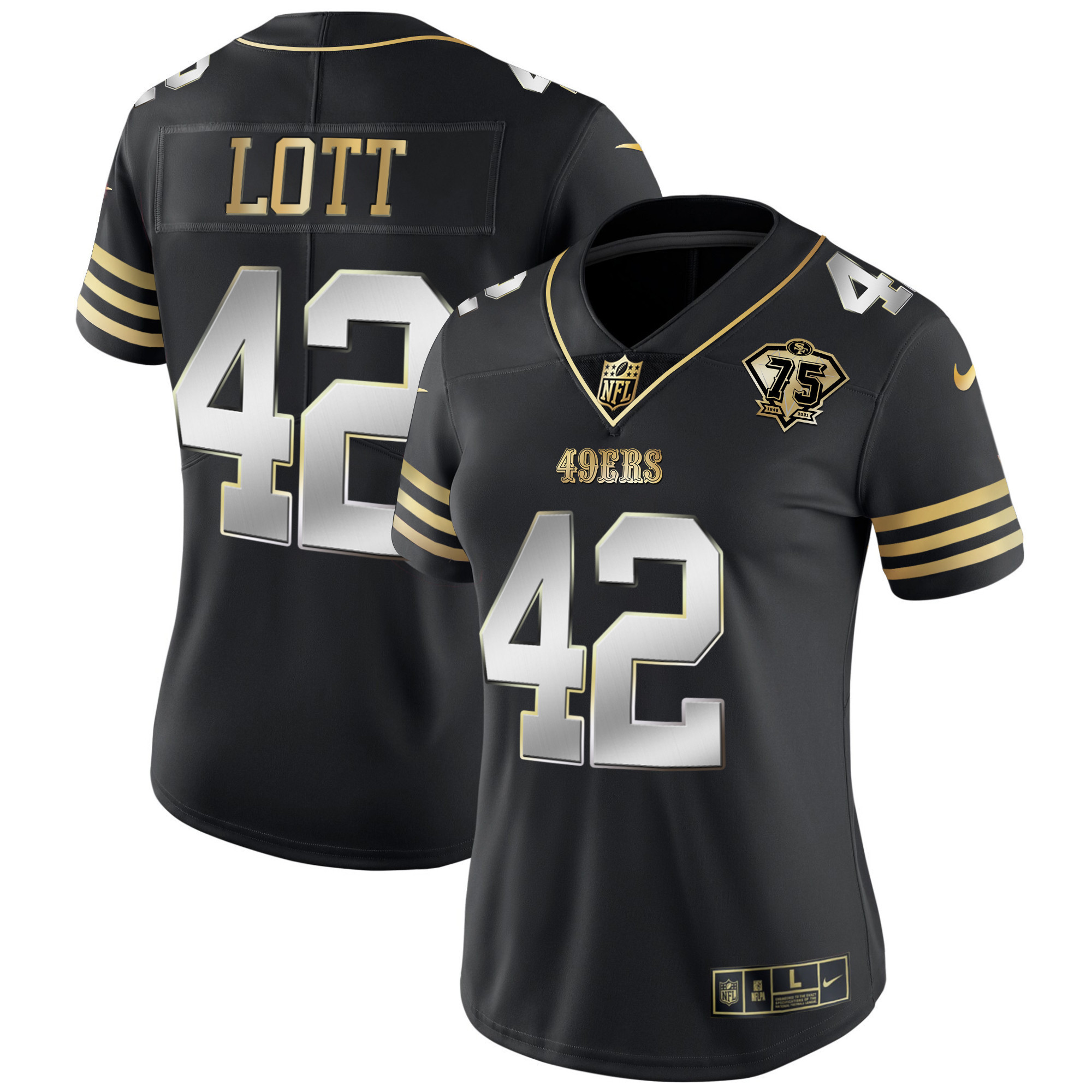 Women's Ronnie Lott San Francisco 49ers 75th Anniversary Patch Vapor Gold Black Limited Jersey - All Stitched