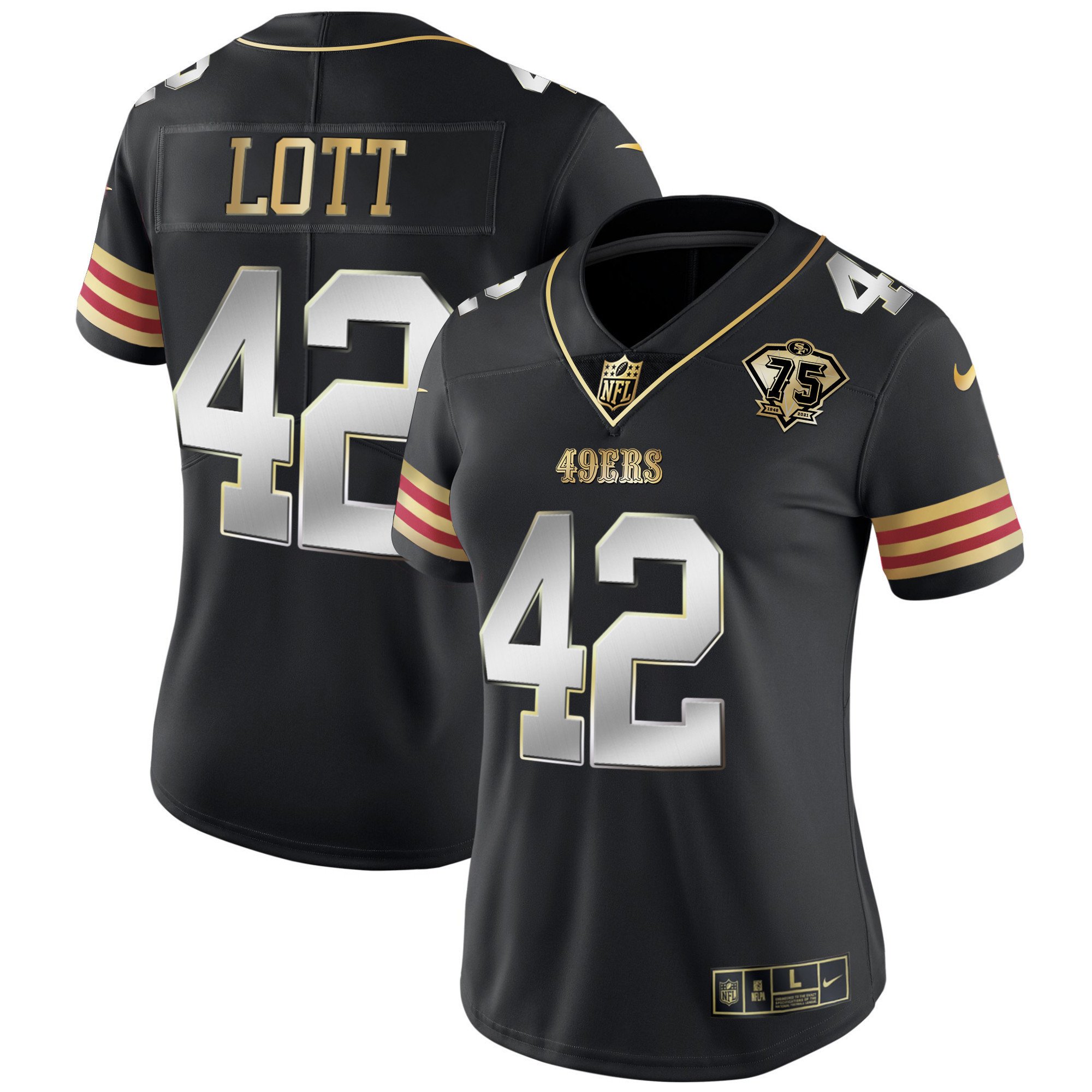 Women's Ronnie Lott San Francisco 49ers 75th Anniversary Patch Vapor Gold Black Limited Jersey V2 - All Stitched