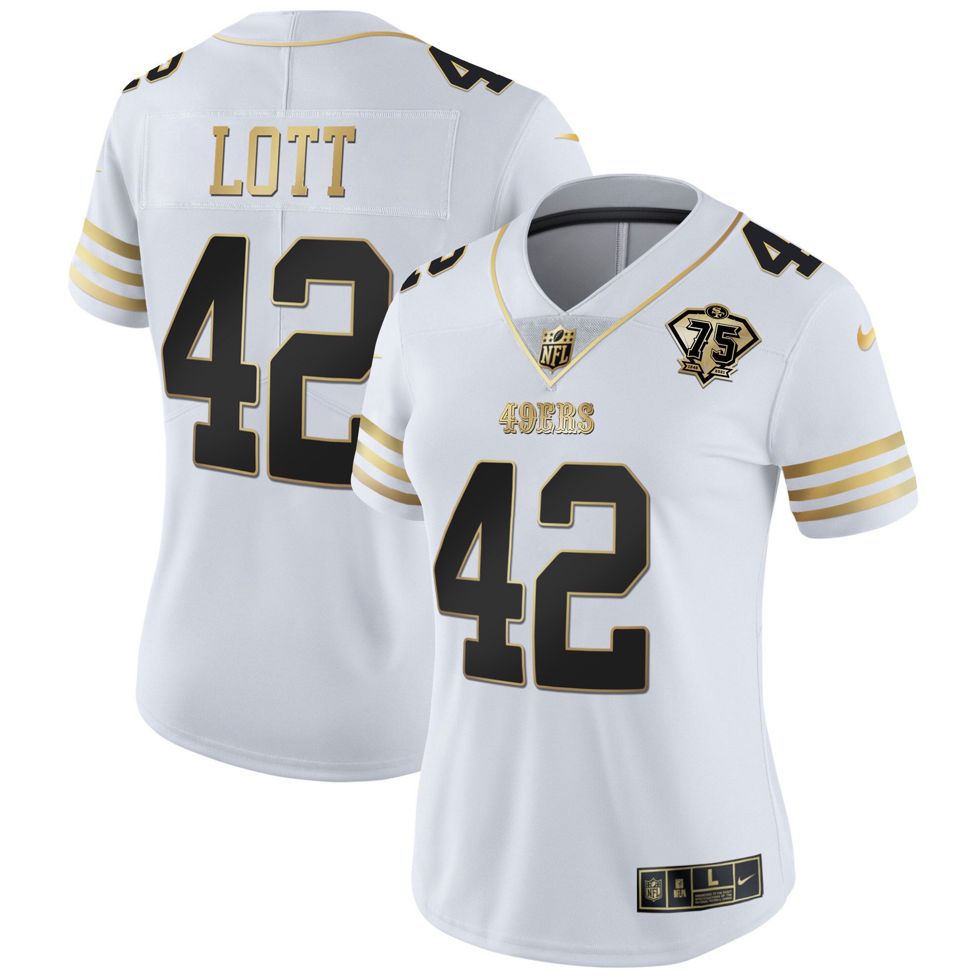 Women's Ronnie Lott San Francisco 49ers 75th Anniversary Patch Vapor Gold White Gold Jersey - All Stitched