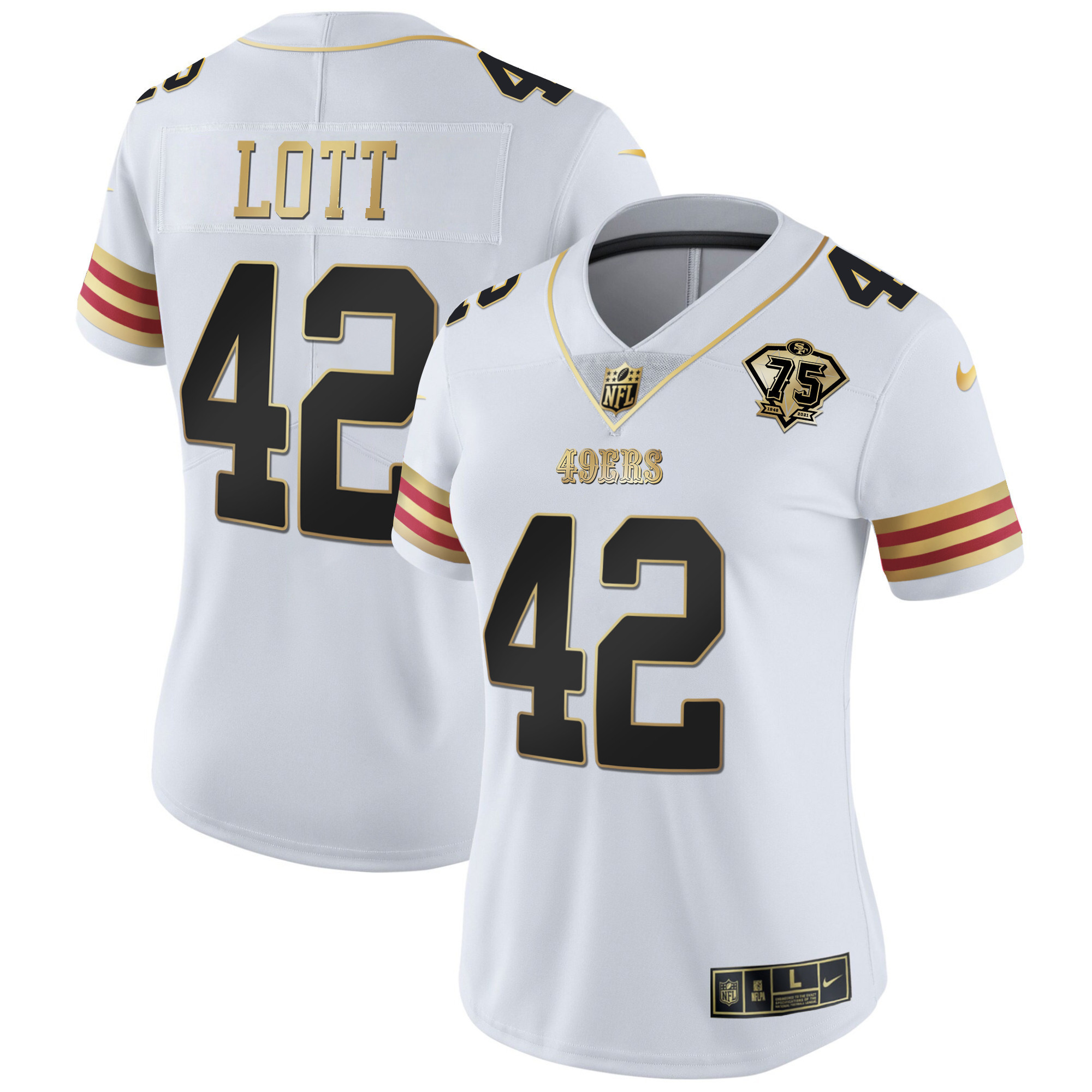 Women's Ronnie Lott San Francisco 49ers 75th Anniversary Patch Vapor Gold White Gold Jersey V2 - All Stitched