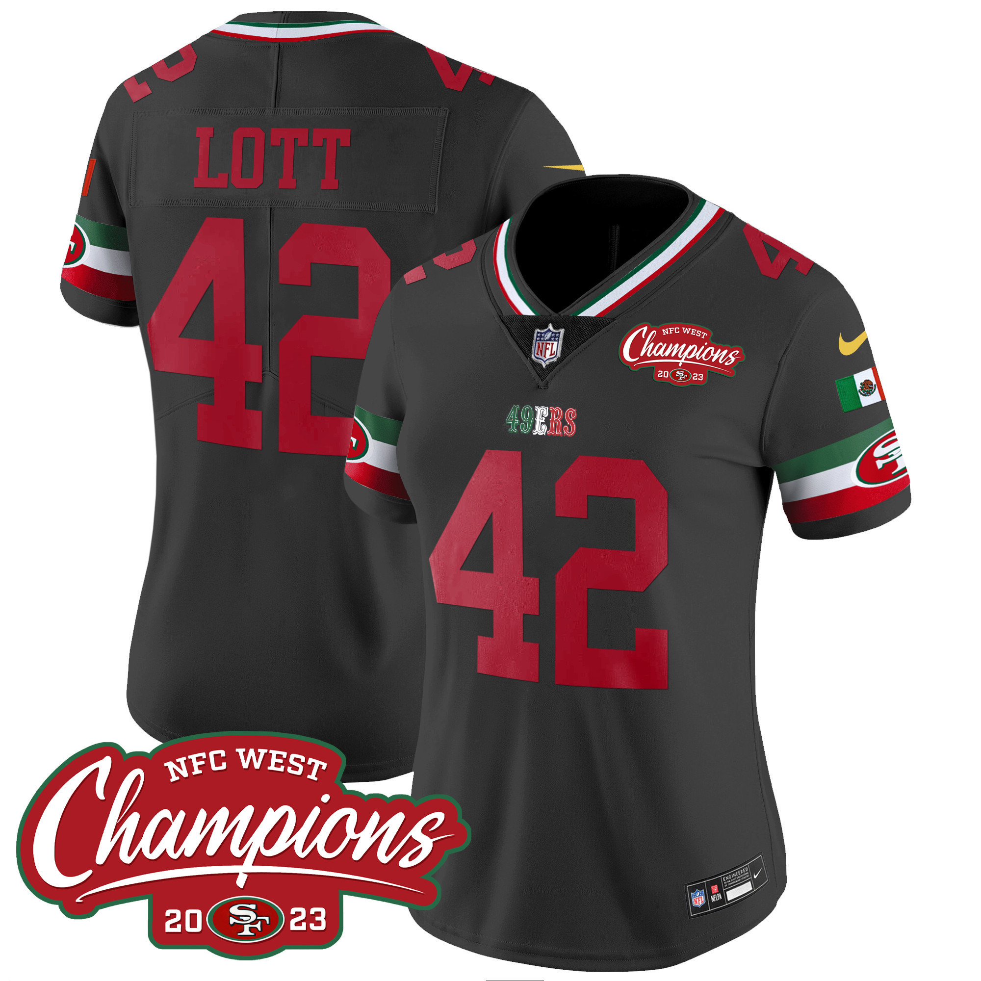 Women's Ronnie Lott San Francisco 49ers Mexico 2023 NFC West Champions Patch Vapor Black Jersey - All Stitched