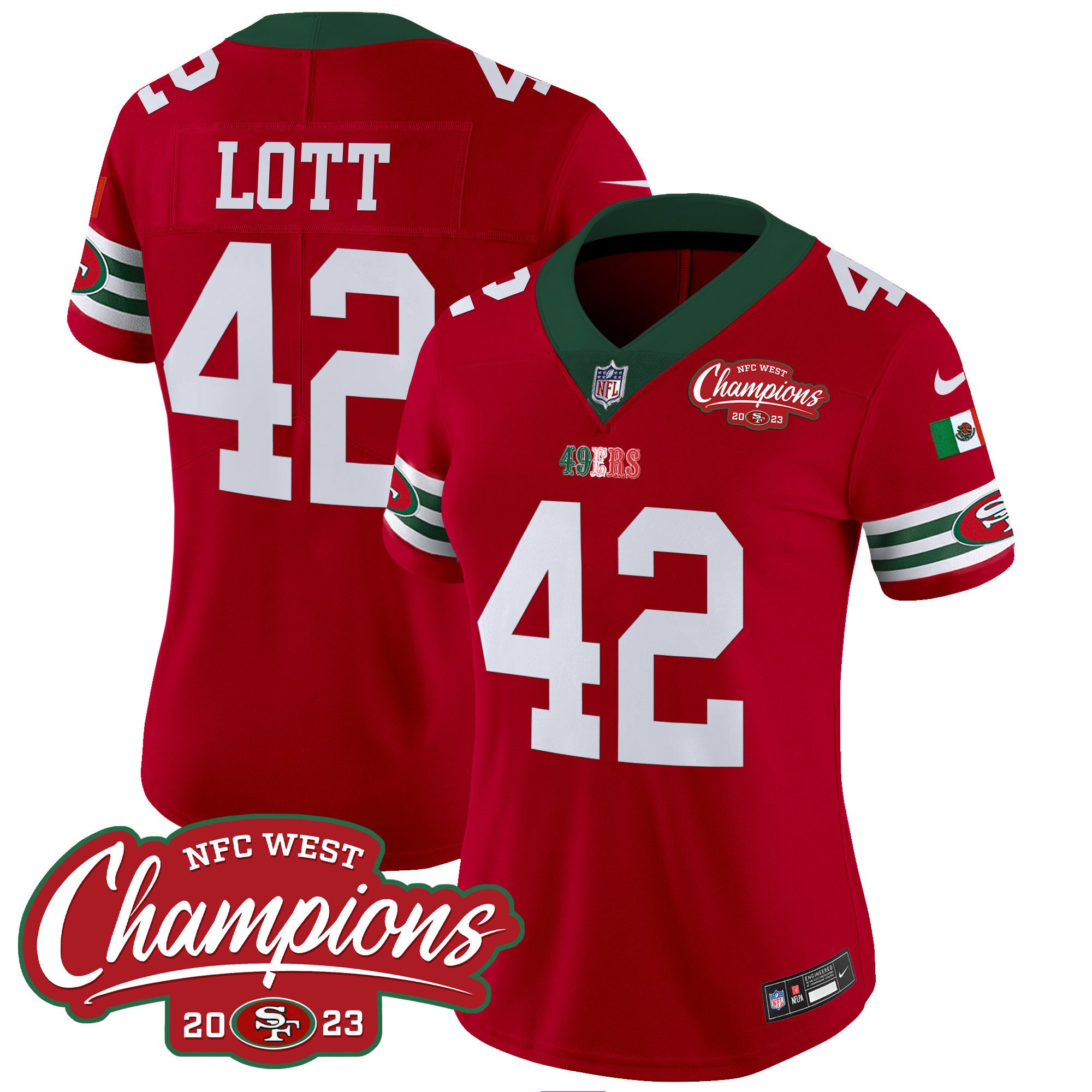 Women's Ronnie Lott San Francisco 49ers Mexico 2023 NFC West Champions Patch Vapor Red Jersey - All Stitched