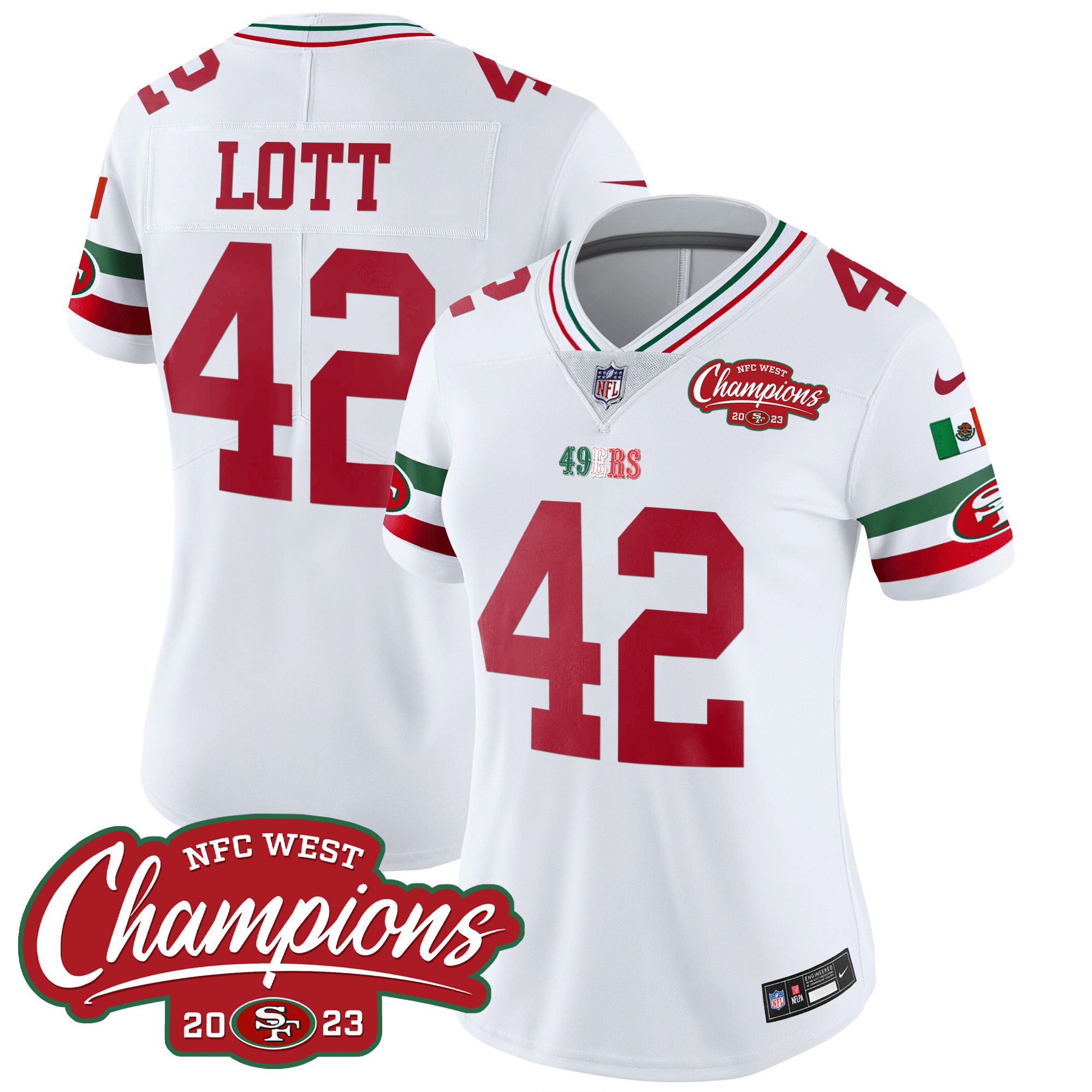 Women's Ronnie Lott San Francisco 49ers Mexico 2023 NFC West Champions Patch Vapor White Jersey - All Stitched