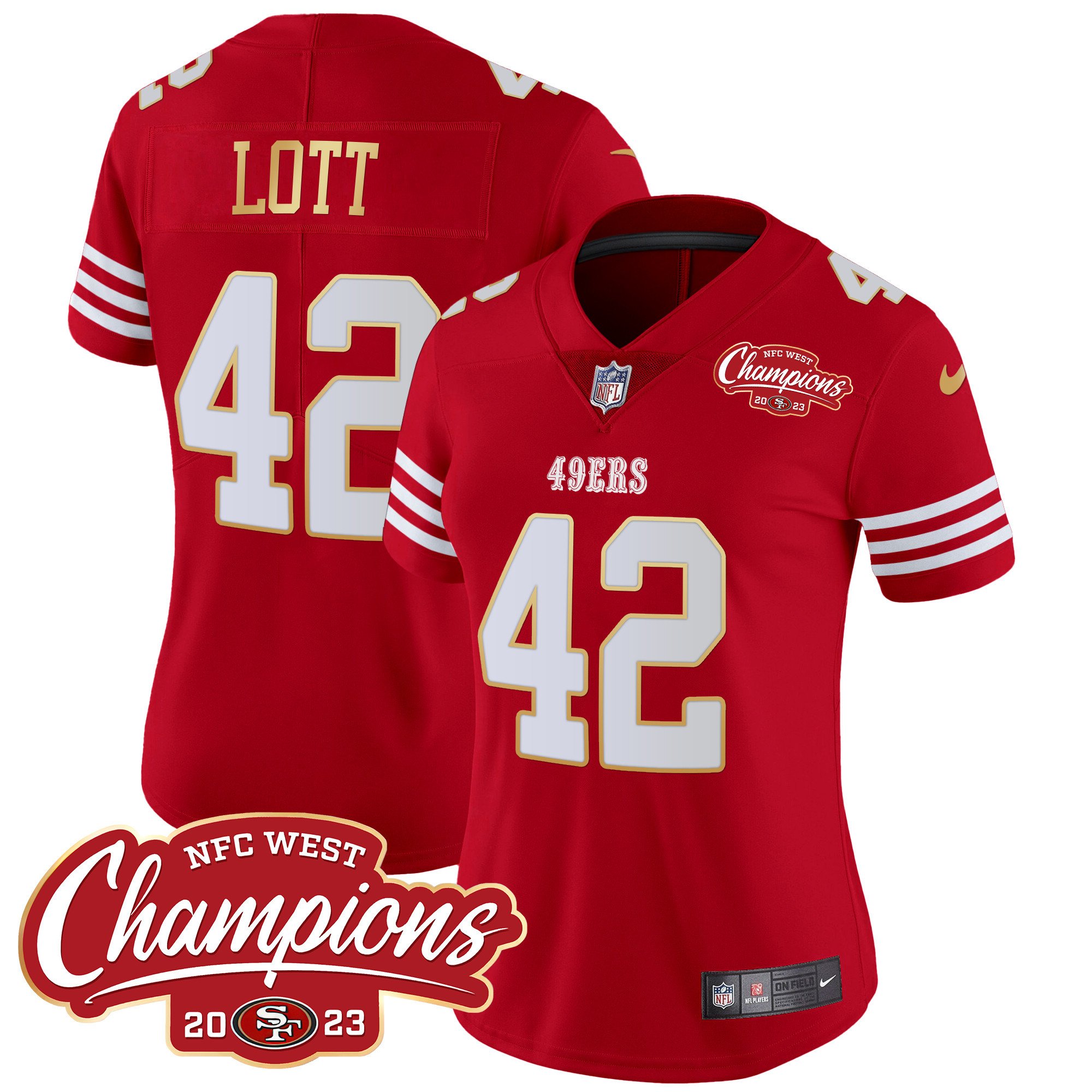 Women's Ronnie Lott San Francisco 49ers NFC West Champions Gold Trim Vapor Red Jersey - All Stitched