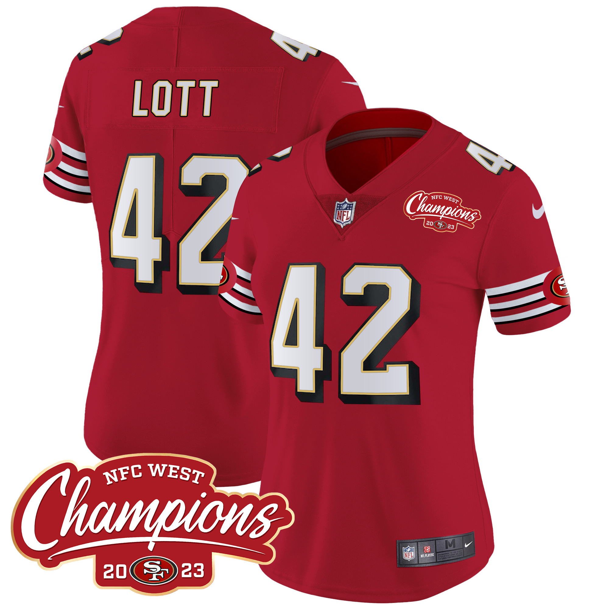 Women's Ronnie Lott San Francisco 49ers Throwback NFC West Champions Patch Vapor Red Jersey - All Stitched